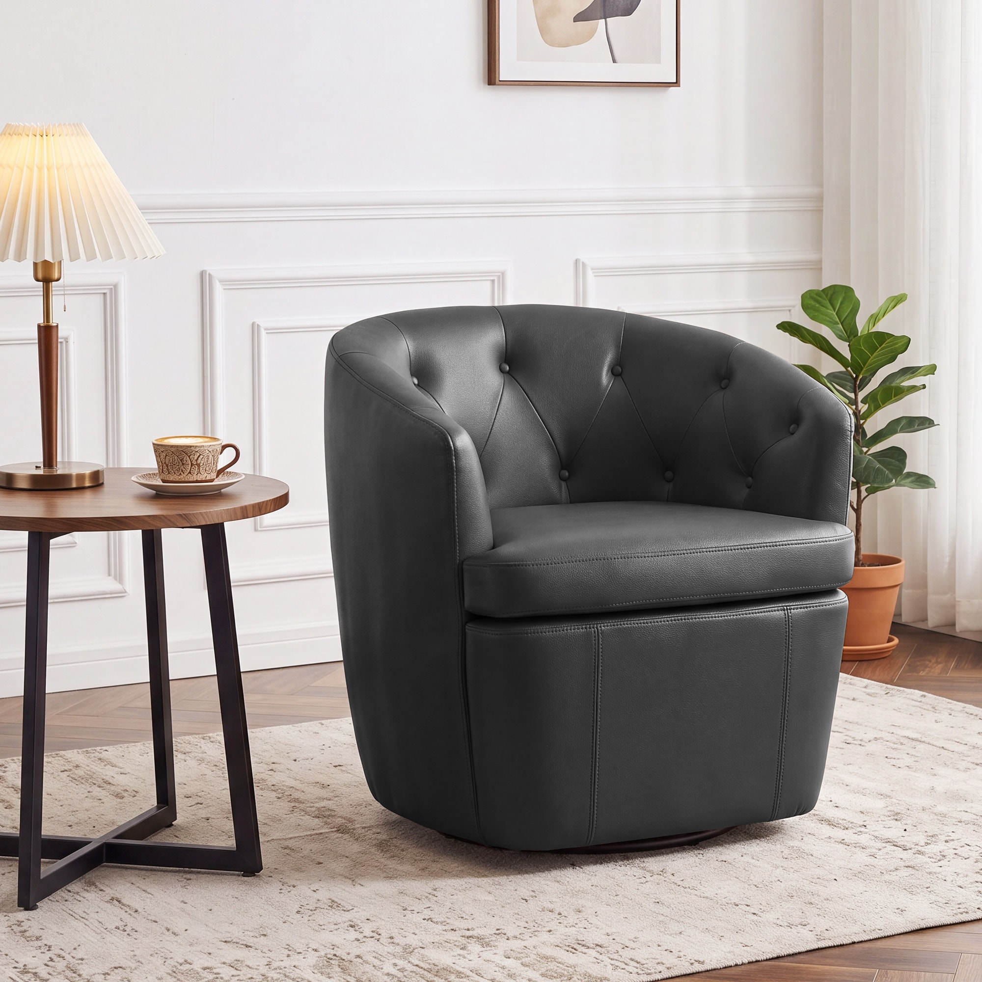 Czpalo - Faux Leather Swivel Barrel Accent Chair with Button-Tufted Back and Rotating Base for Li...