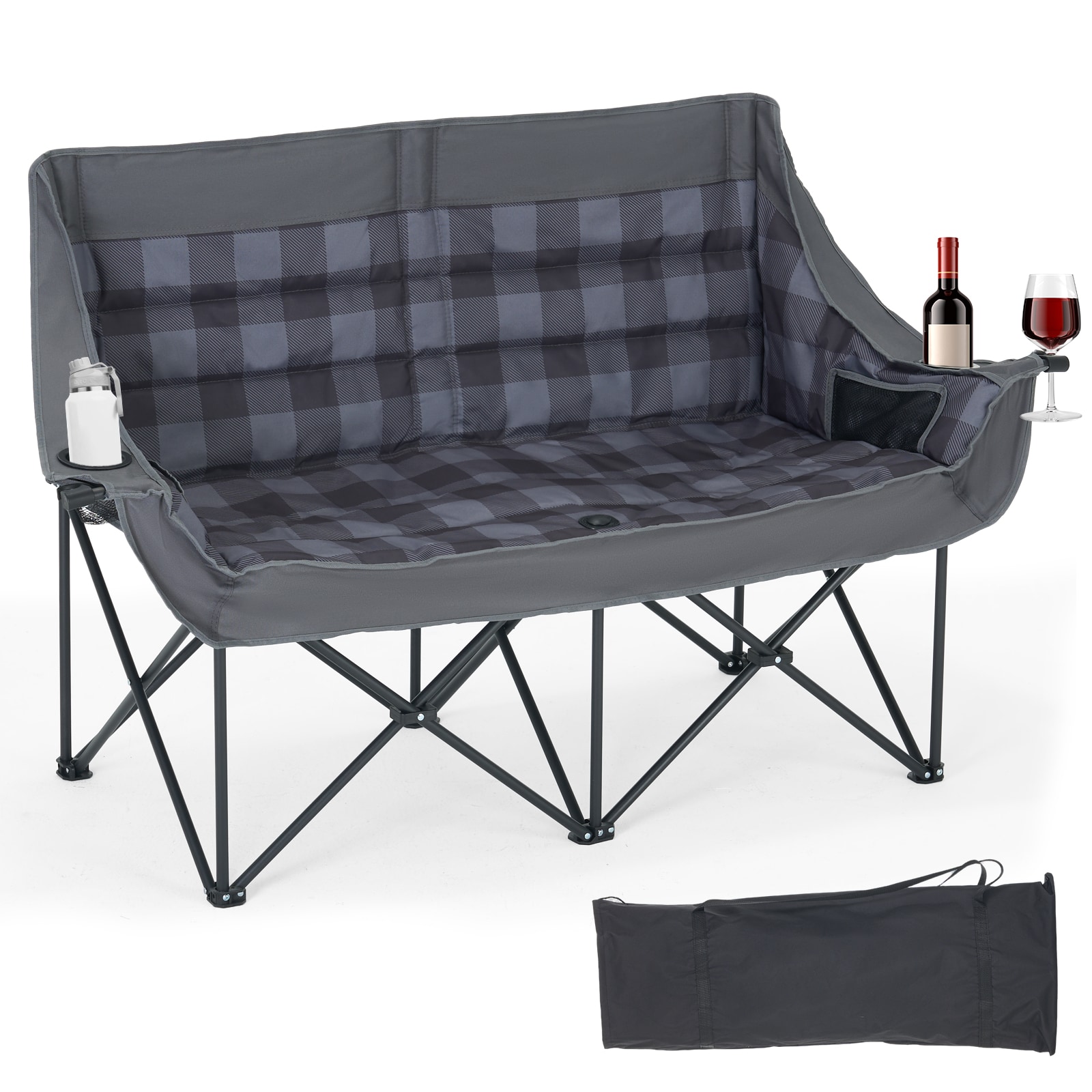 MOONCOOL  Double Camping Chair Oversized 2 Person Loveseat Heavy Duty Folding Chair with Cup Holder Supports 550 LBS for Outdoor Picnic Beach Travel Grey