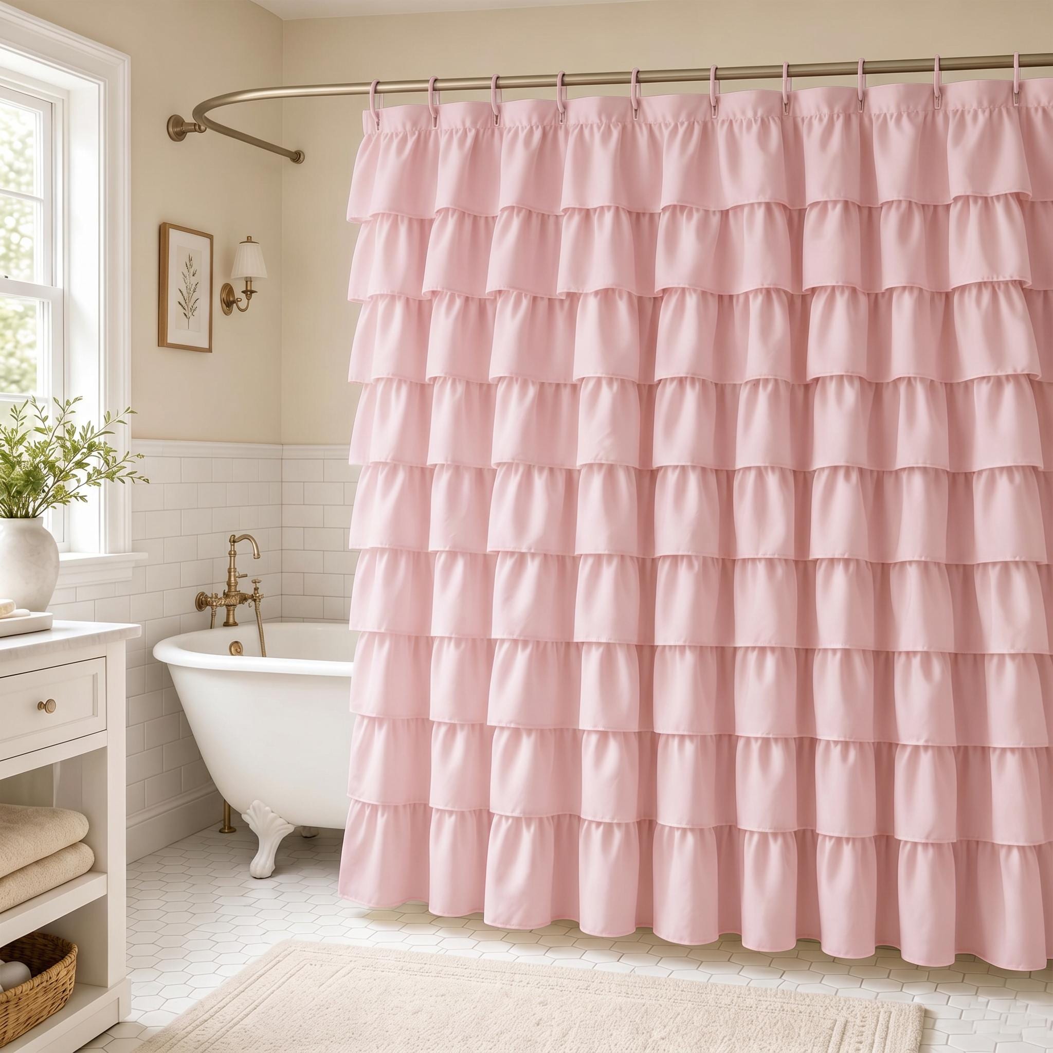 Garvee Shower Curtain 72x72 In Cascading Ruffled Fabric Bath Curtain Boho Farmhouse Bathroom Decor Pink