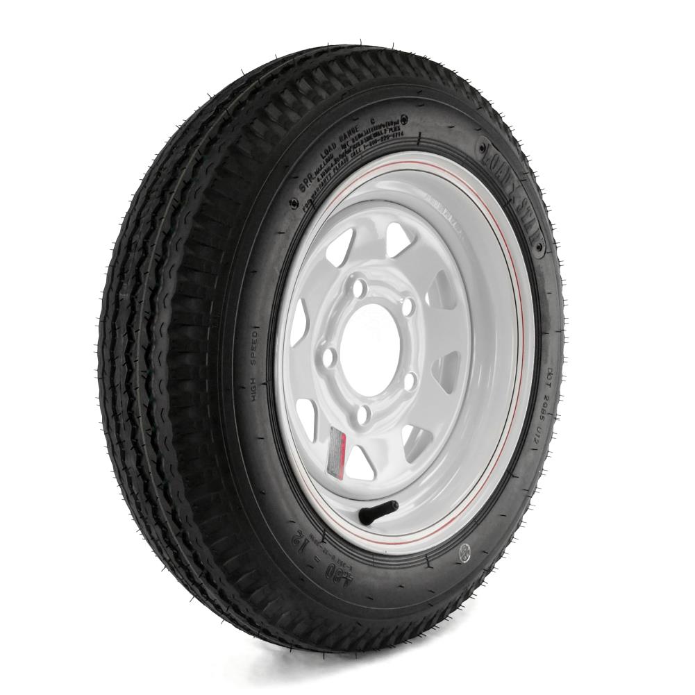 530-12 Custom Spoke Wheel with White Powder-Coat Pinstripe Finish LRB and Trailer Tire Assembly 12x4/5x4.5 Kenda Loadstar 