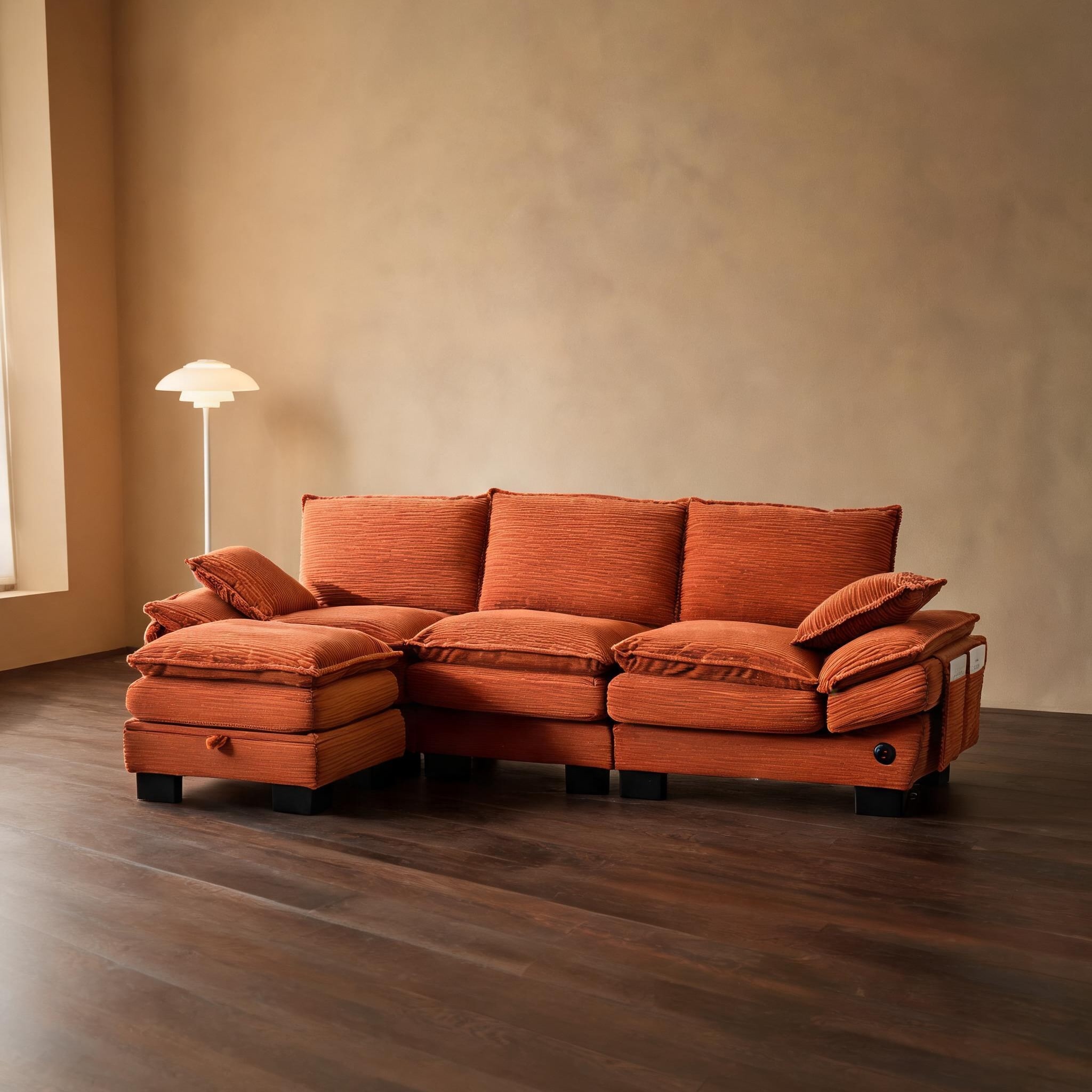 SunJet Orange-Toned Corduroy Sectional Cloud Sofa for Living Room ...