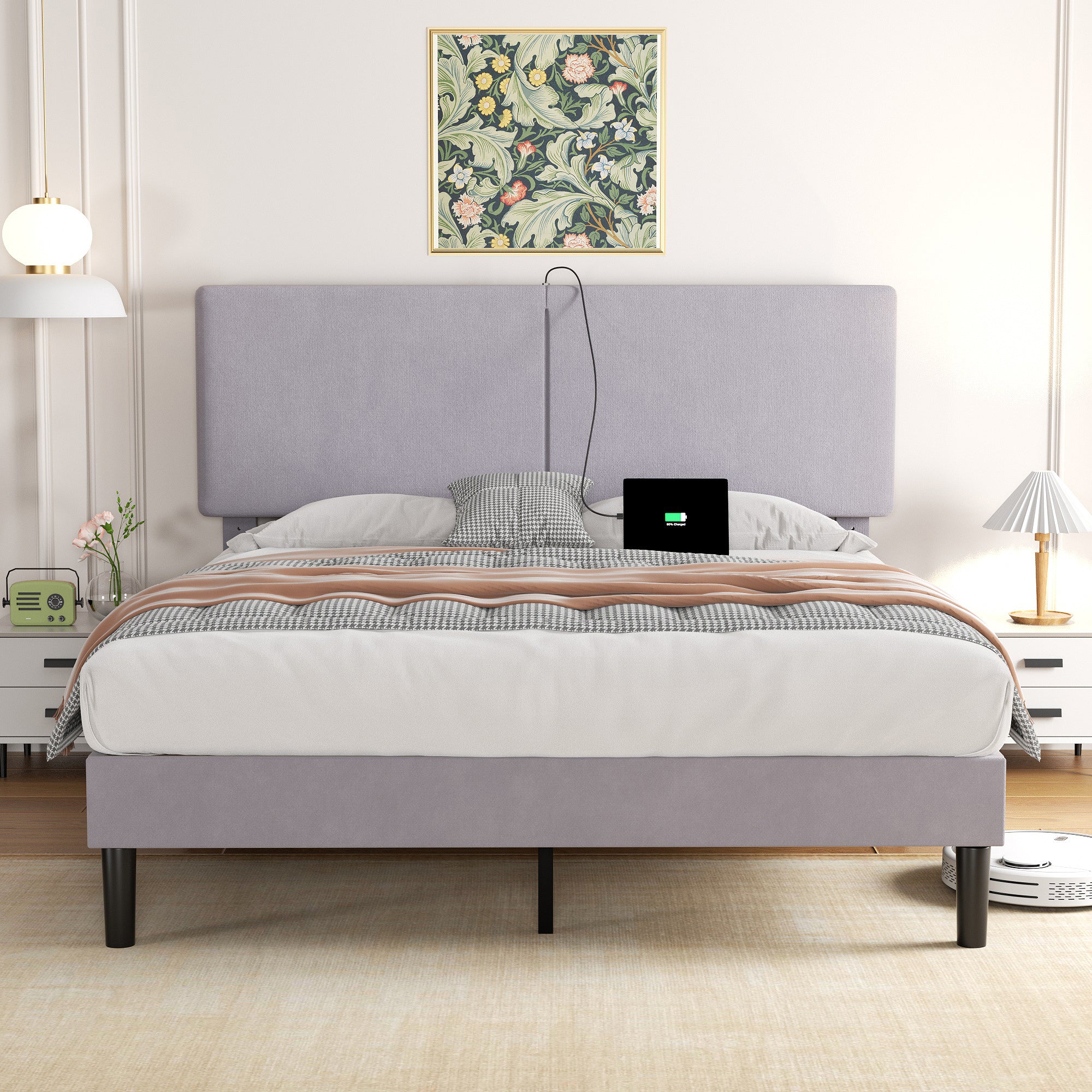 Vecelo LOE-FB13-DGRY Full Bed Frame with Type C and USB Ports Upholstered Platform Height Adjustable Headboard Noise Free Easy Assembly Dark Gray