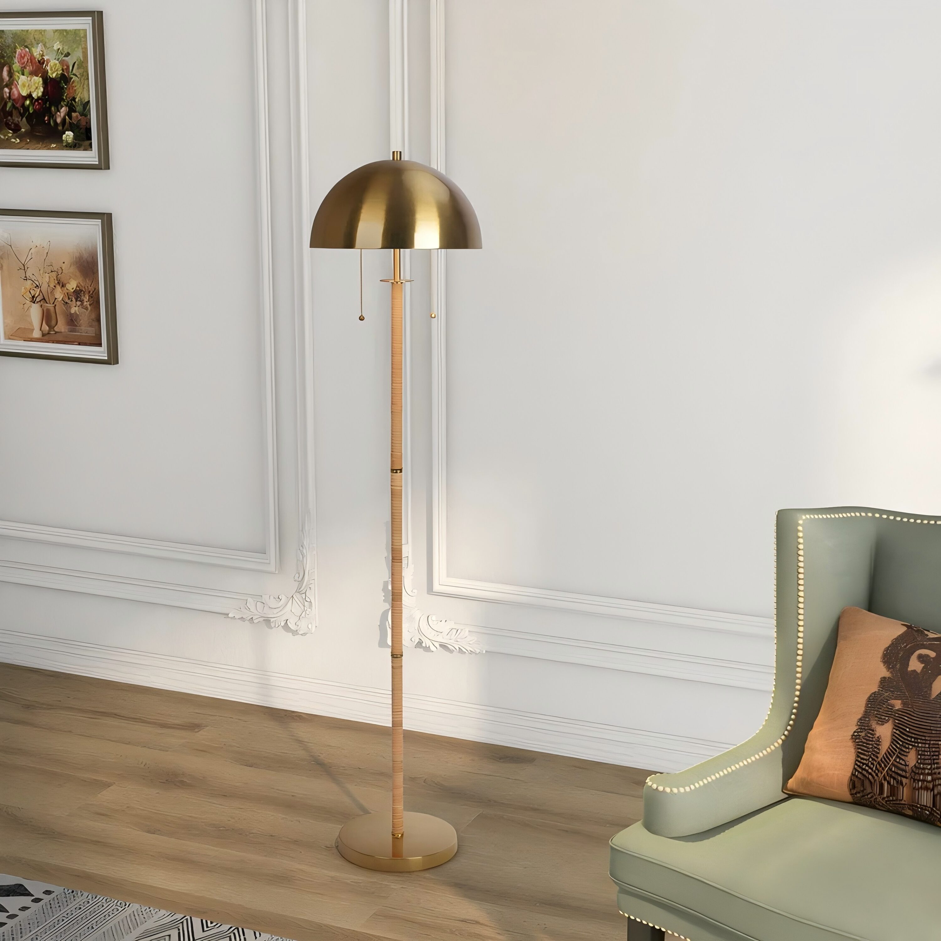 GDFStudio 346165 Allure 2-Light Floor Lamp Gold Brass Natural Rattan Tube  Double On and Off Pull Chain