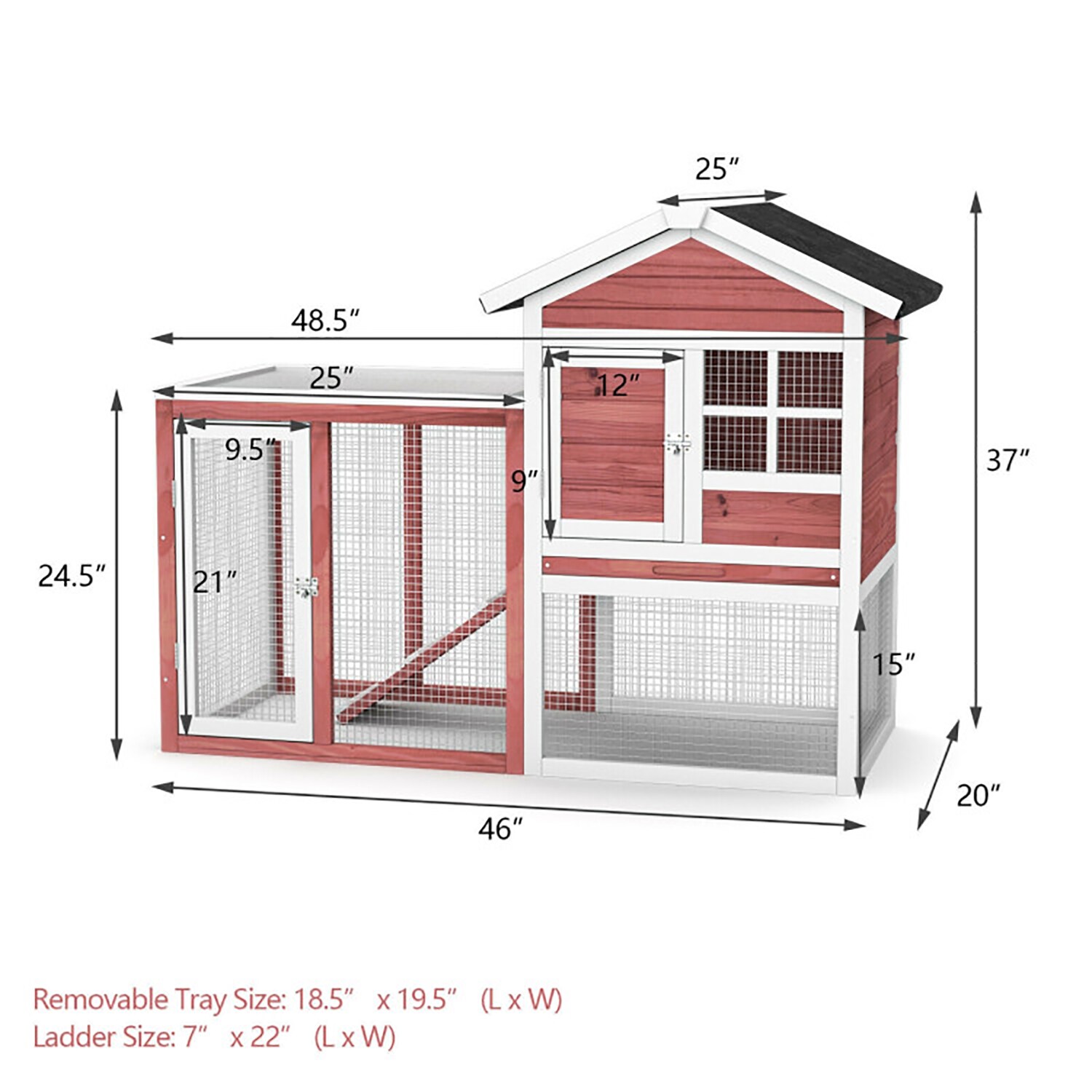 White and Red 2-Story Wooden Rabbit Hutch with Ramp