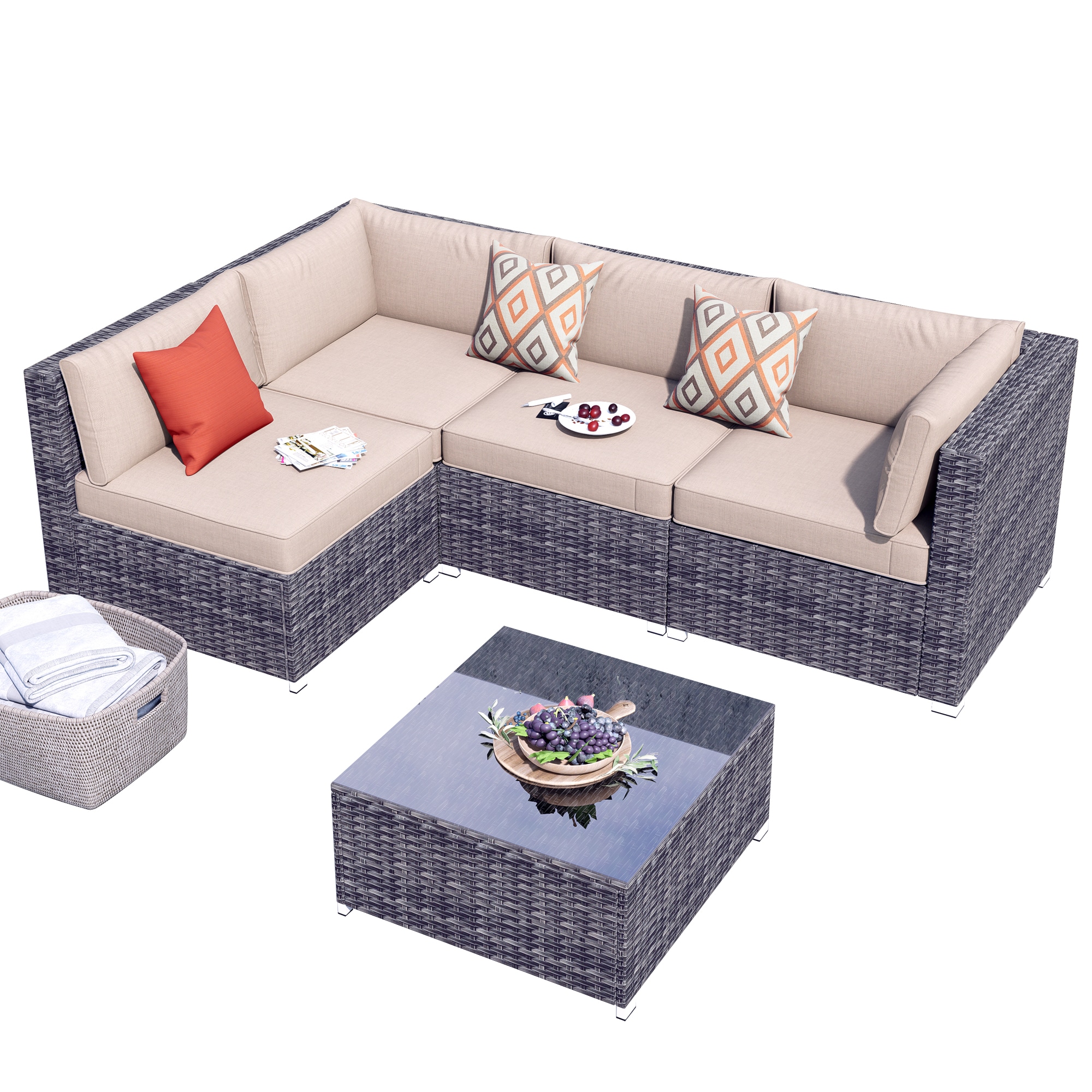 Pouuin SHOP6-BOX1N2 5 -Piece Wicker Patio Sofa Conversation Set with Beige Cushions