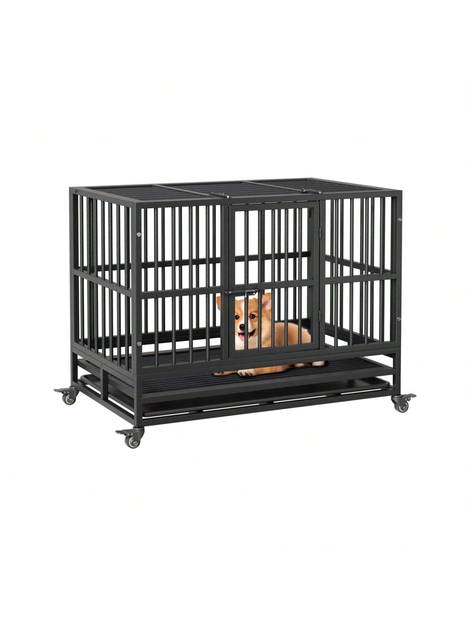 WhizMax 37 Inches Folding Dog Crate with Wheels Heavy Duty Metal Dog Kennel with Double Door and Removable Tray Indoor Pet House for Small Breed #GGL-PHO-33CQ79XV