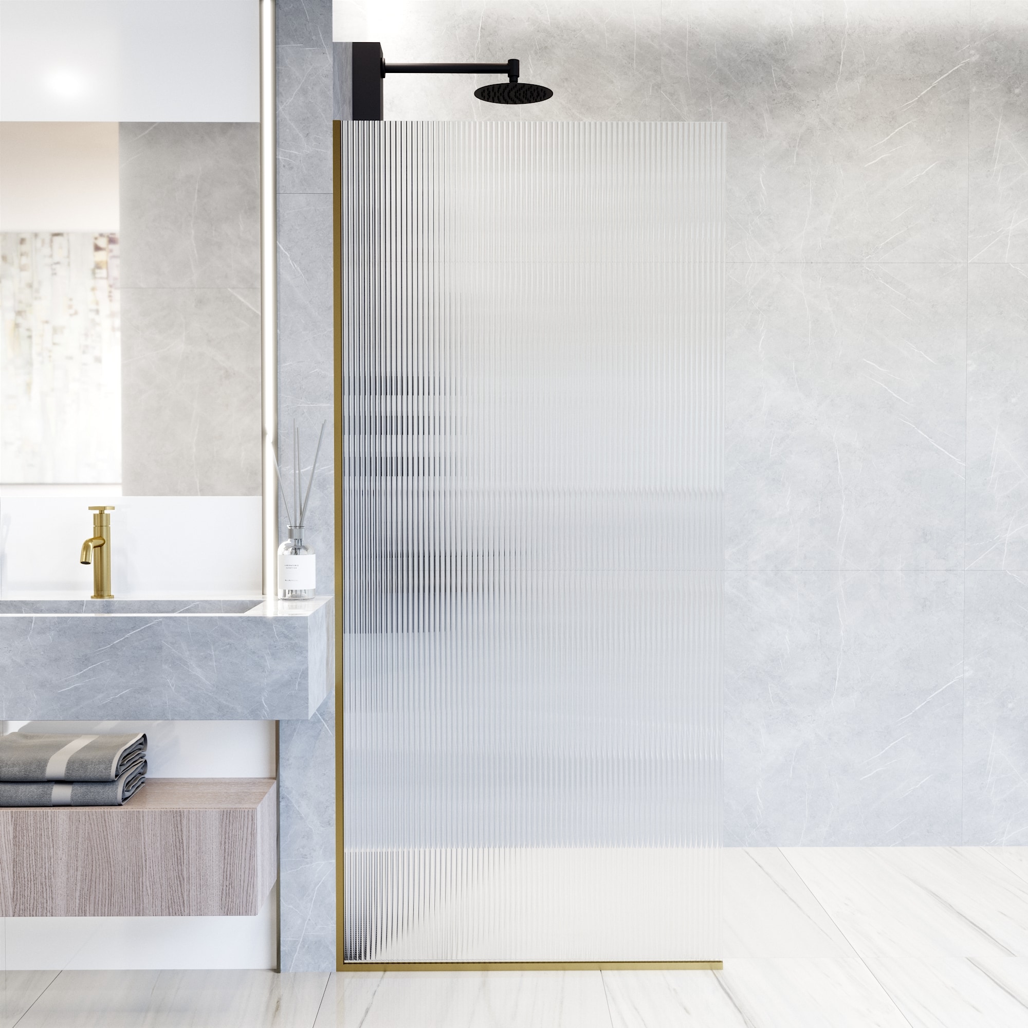 Zenith 34" Matte Gold Frameless Fluted Glass Shower Screen