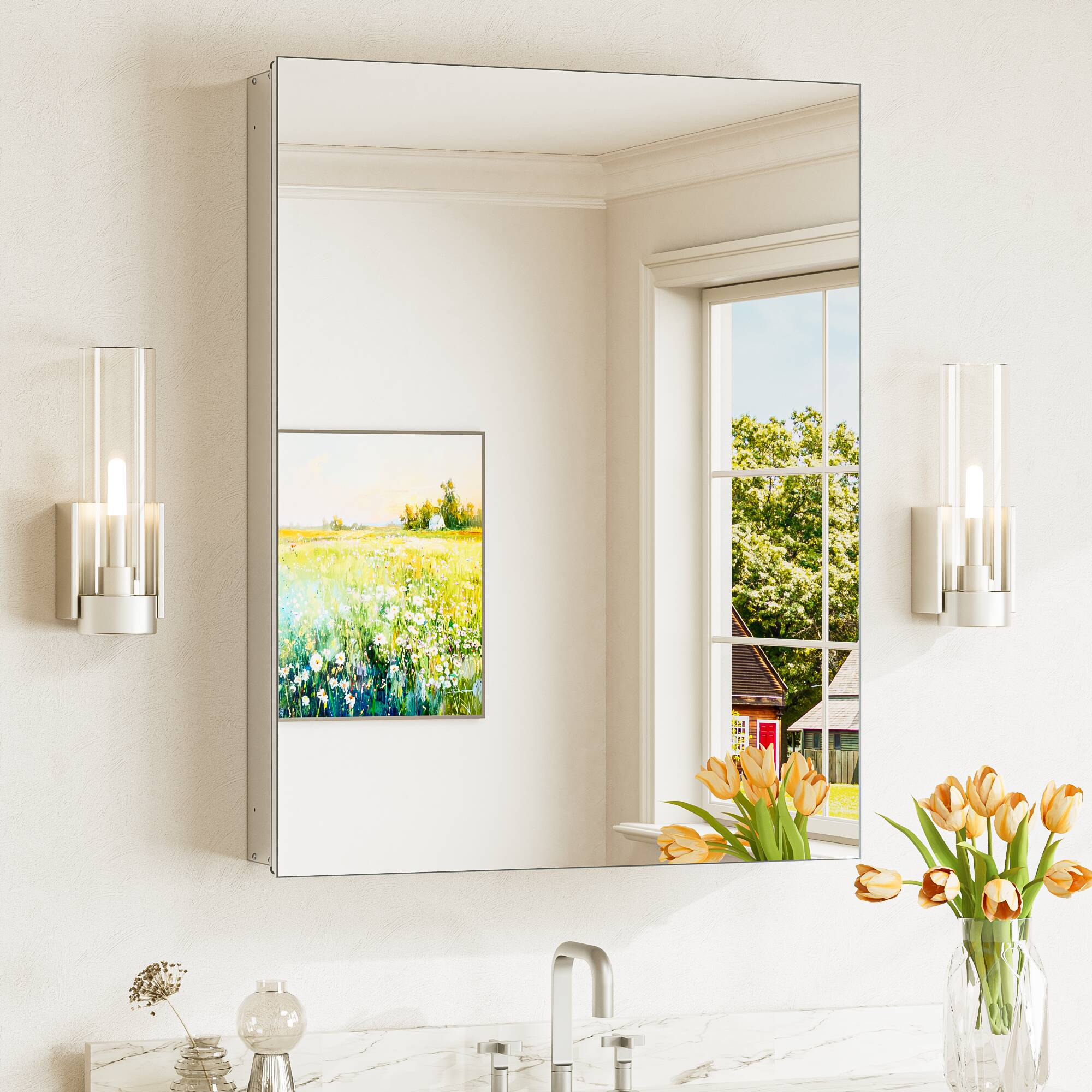Keonjinn LW-JG-FXFJP-6181-SI Medicine Cabinet Mirror 24-in x 32-in Surface/Recessed Mount Sliver Mirrored Rectangle Soft Close Medicine Cabinet