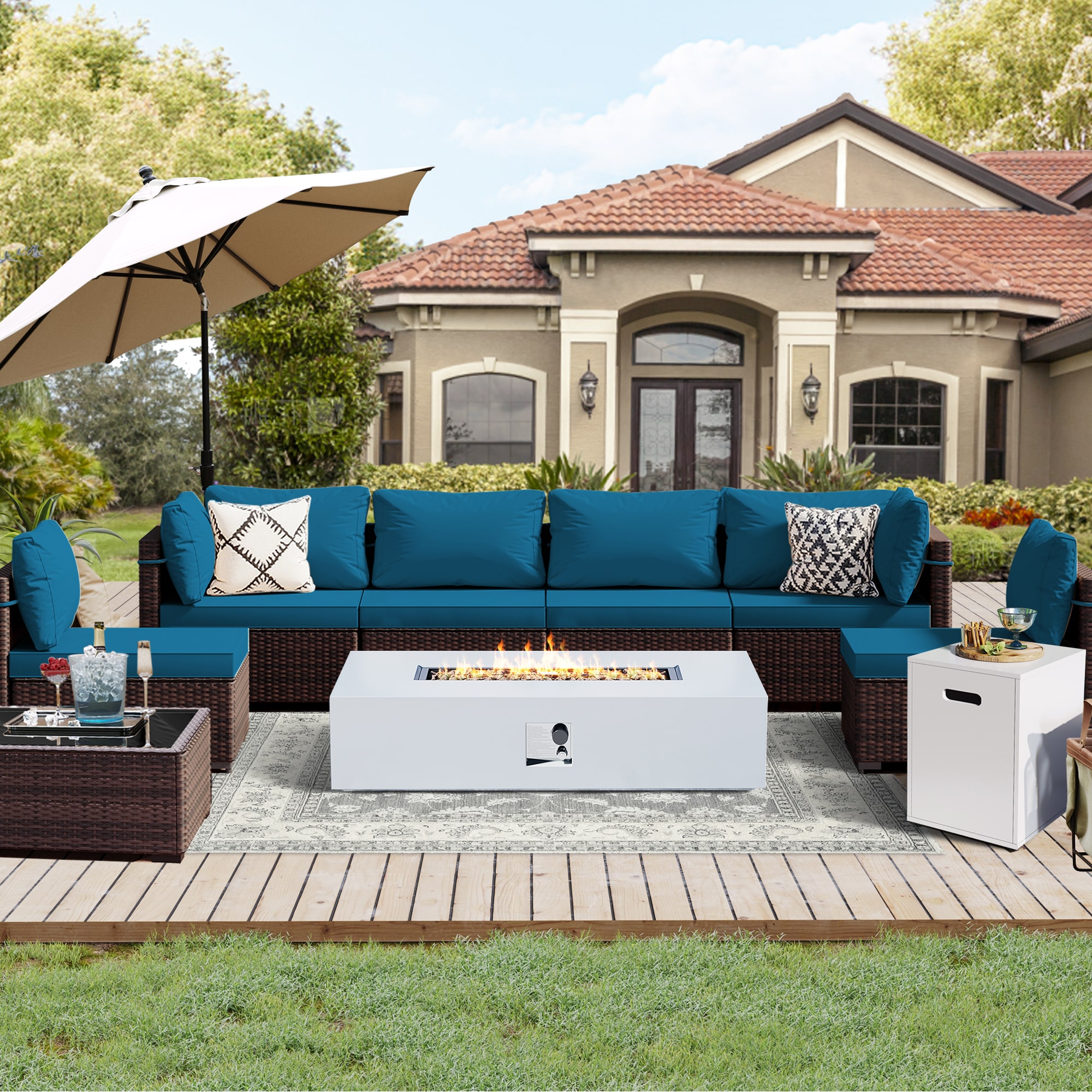 UPHA PL-2CZ-56TPWH-Z3 Brown Wicker Patio Furniture Set with 56in fire pit 9 -Piece Wicker 2 Patio Sofa Conversation Set with Blue Cushions