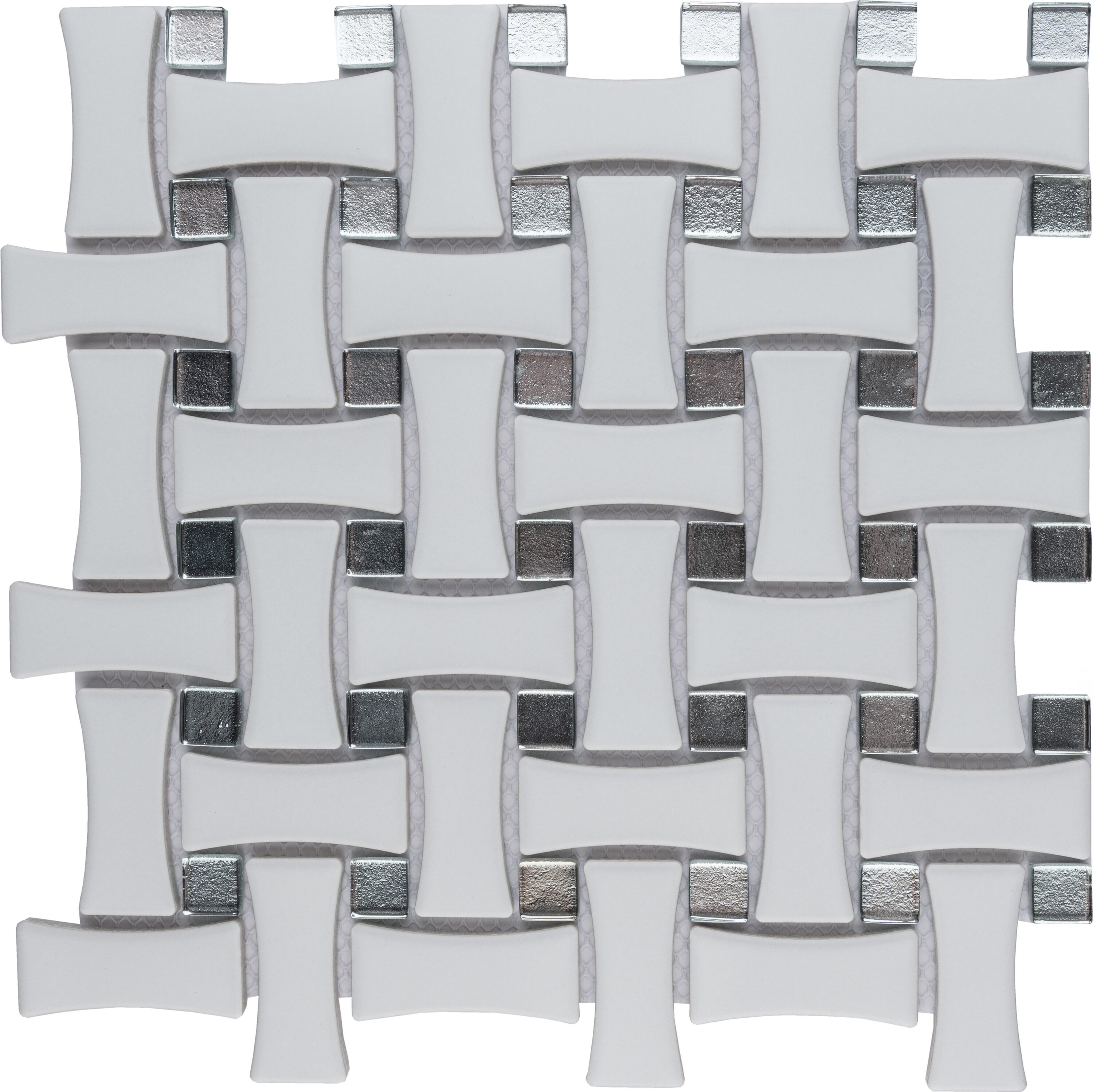 Affinity Tile S1WJBMDBMWGS Sample - Metro Dog Bone Basketweave Matte White with Glass Silver Dot 6-in x 6-in Multi-finish Porcelain Wall Tile