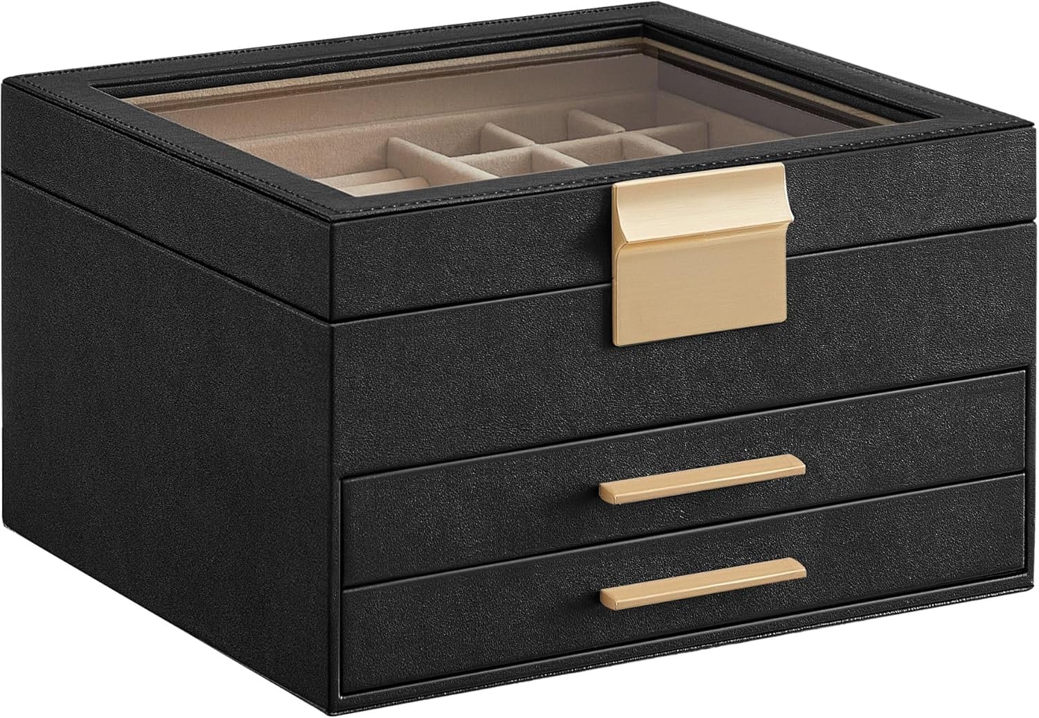SONGMICS HOME 3-Layer Jewelry Box Organizer with 2 Drawer in Ink Black and Gold
