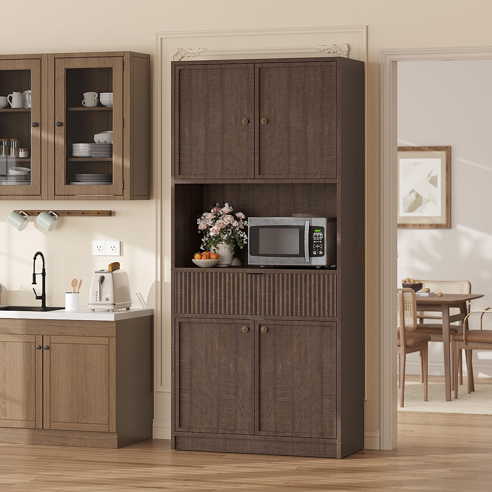 GarveeLife 70-in Fluted Kitchen Pantry Cabinet with Countertop Doors and Drawer Freestanding Tall Storage Cupboard