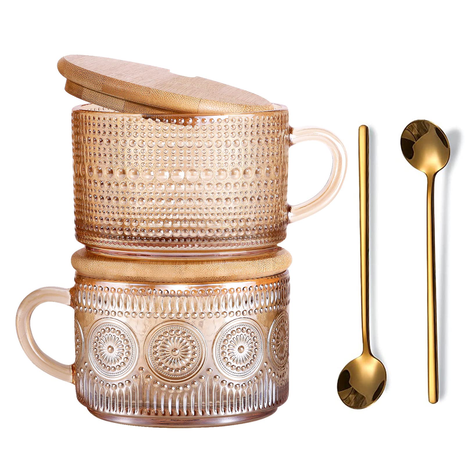 Aoibox  Vintage Amber Embossed Glass Coffee Mugs Set of 2 with Bamboo Lids and Spoons 14 Ounce Capacity