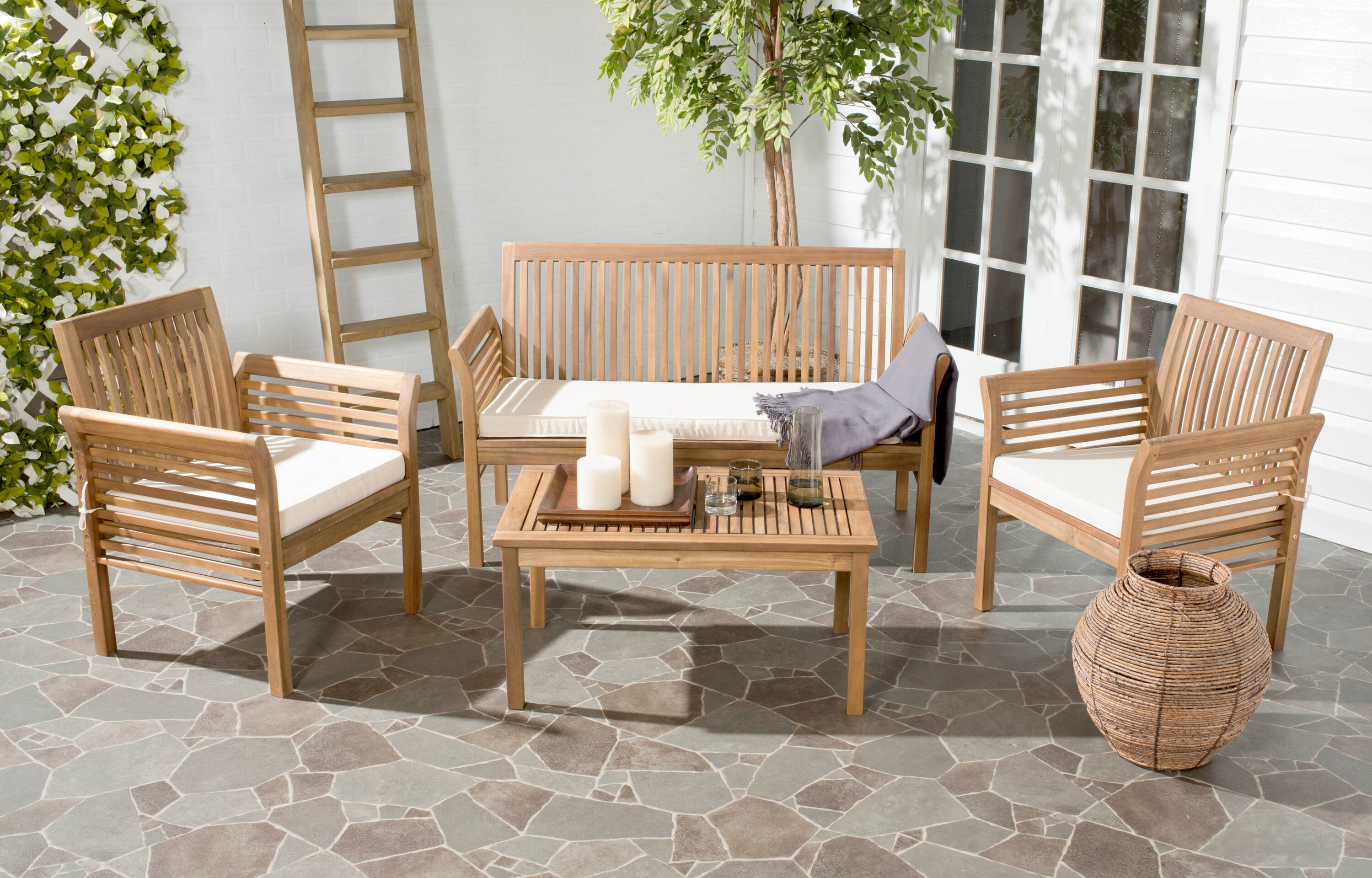 Transitional Acacia Wood 4-Person Outdoor Patio Set in Natural Beige