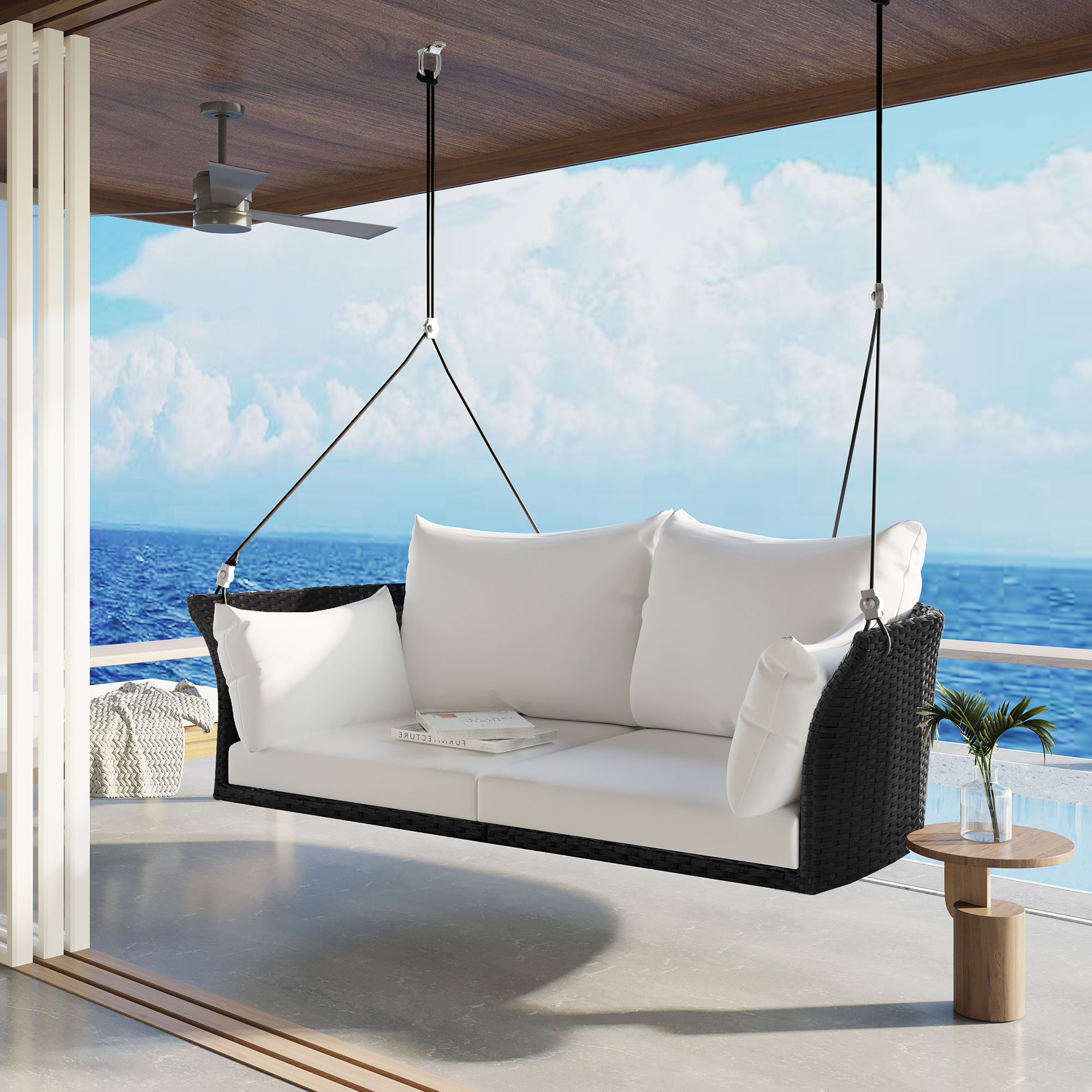 Moda Furnishings WF531575AAB Alxendre White Wicker White Steel Frame Glider Zero Gravity Chair with White Cushioned Seat