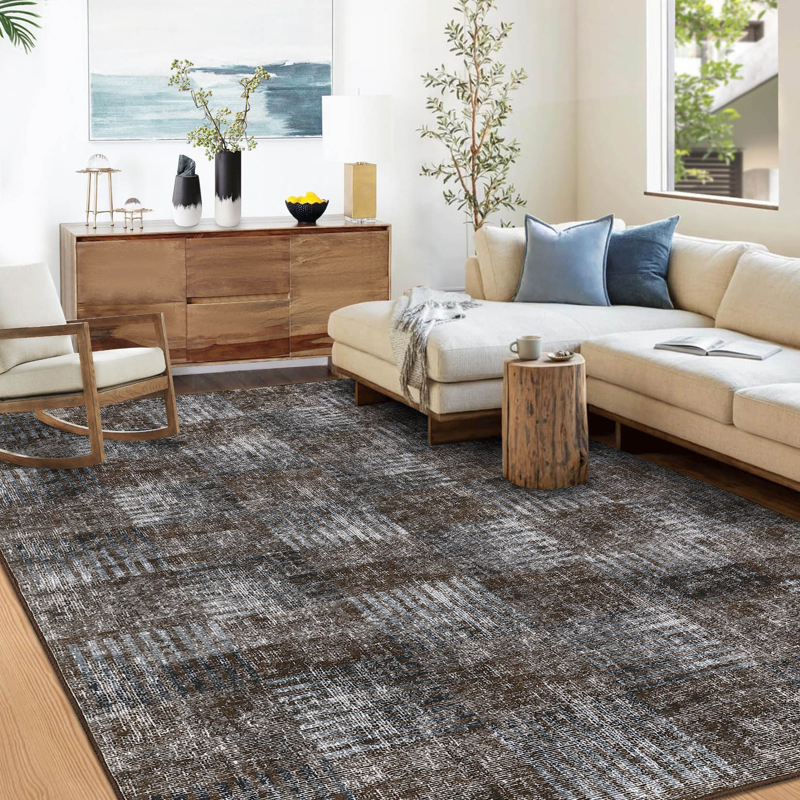Garvee YXY-LO-PHO-15GT144J 9 x 12 (ft) Loomed Polyester Brown Rectangular Indoor Geometric Mid-Century Modern Machine washable Area rug