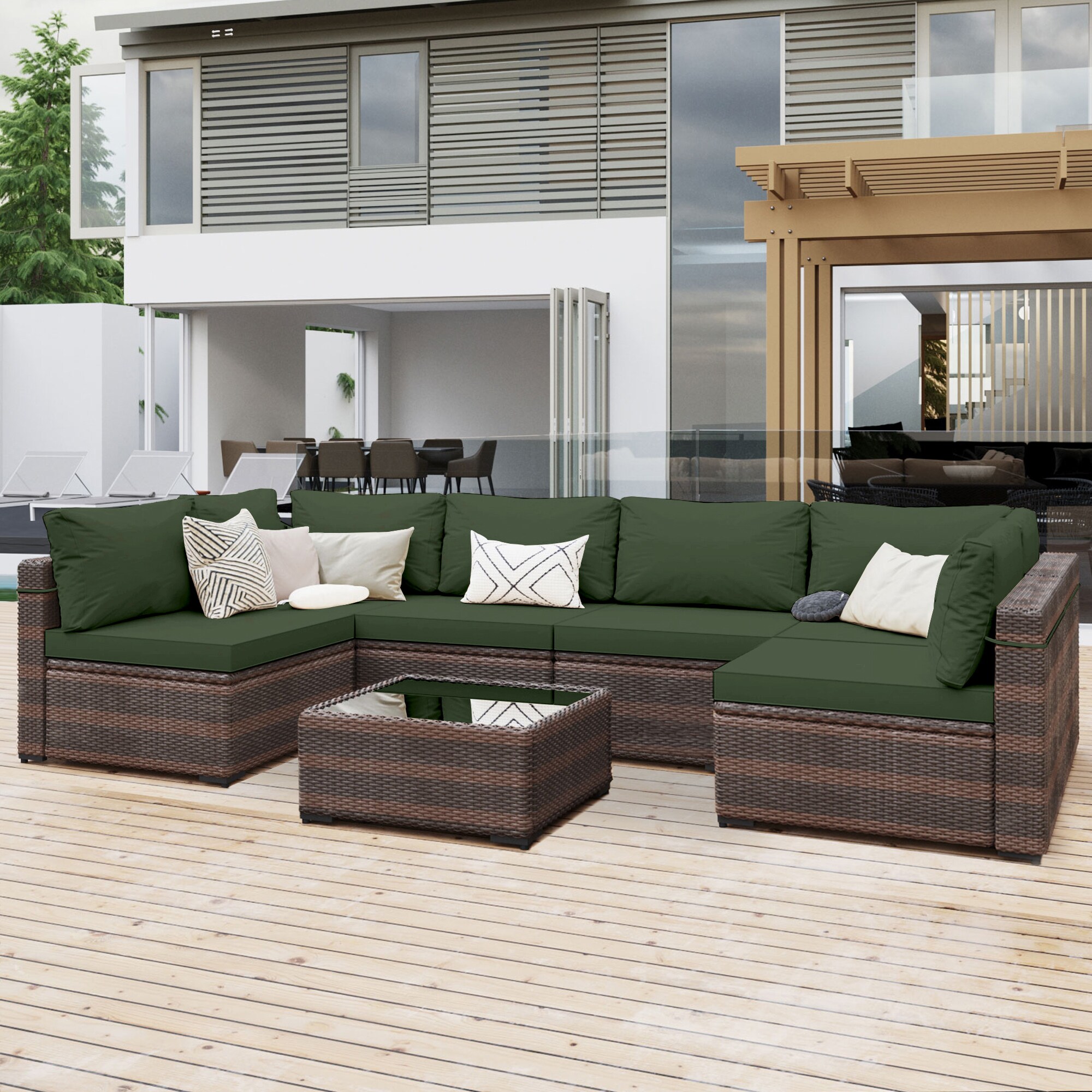 UPHA TBDK-7-SHENHUI 7 -Piece Rattan Patio Sofa Conversation Set with Green Cushions