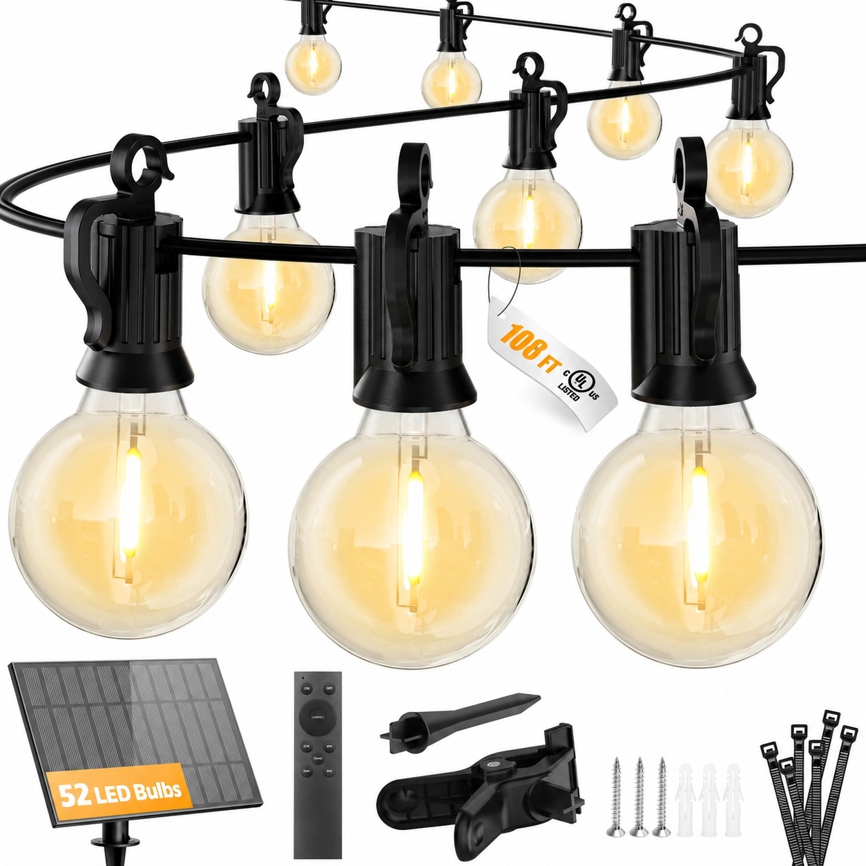 Vrbgify  108FT Solar String Lights Outdoor Remote Control 52 LED Shatterproof Bulbs Dimmable Timer 3 Light Modes Waterproof Patio Camping Garden