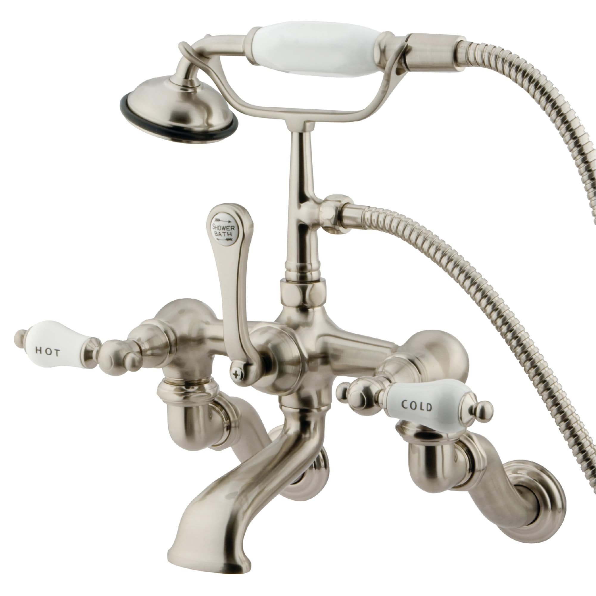 Kingston Brass WLCC461T8 Vintage Brushed nickel 3-handle Wall-mount Low-arc Bathtub Faucet with Hand Shower ( Valve Included )