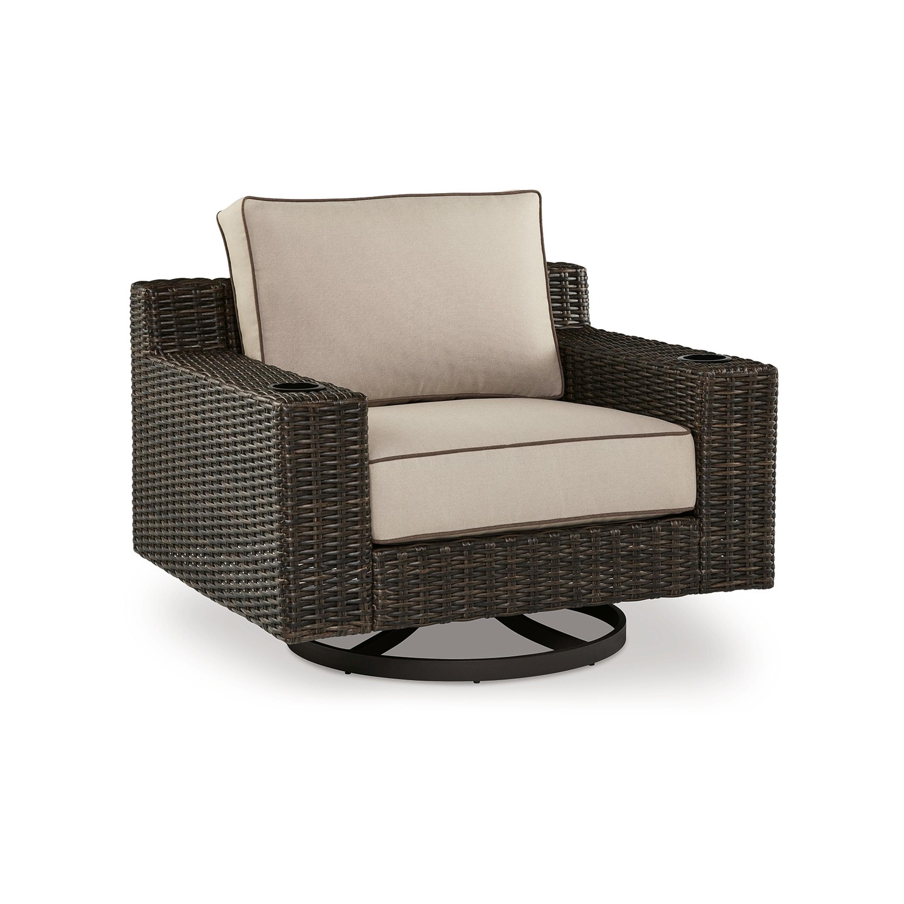 Benzara BM315928 Wicker Brown, Beige, Black Swivel Chaise Lounge Chair with Brown Cushioned Seat