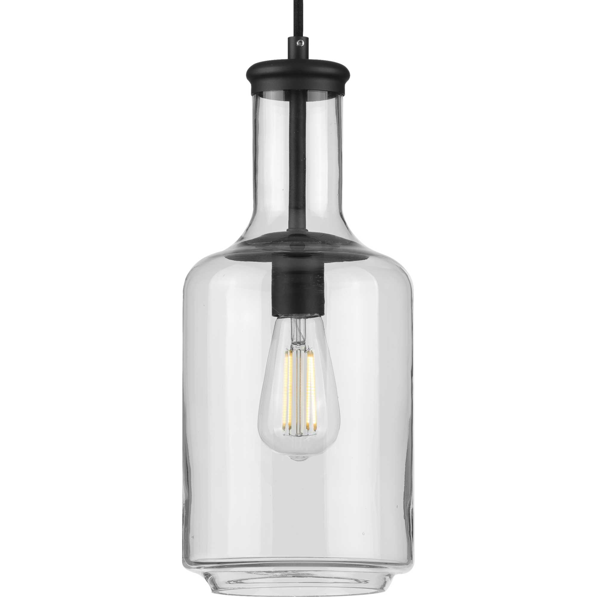 Progress Lighting P500229-031 Latrobe Matte Black Coastal Clear glass Cylinder Small Hanging Pendant light