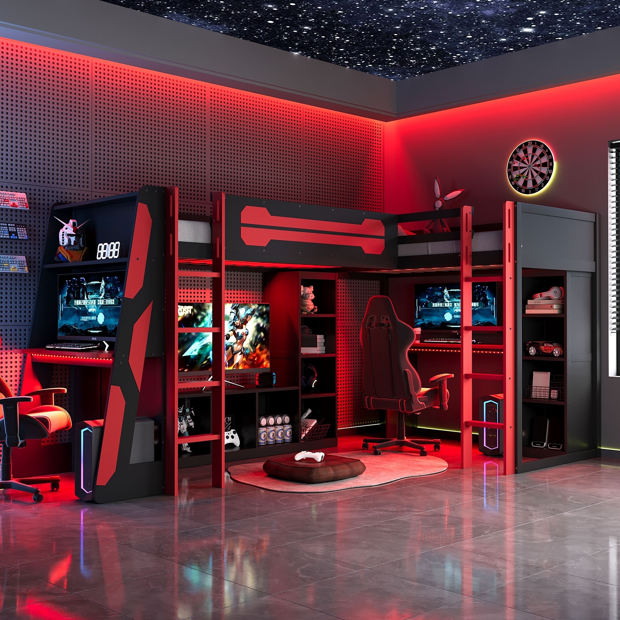 Horizons Prime Twin Size Red Wood L-Shaped Gaming Bed Frame with RGB LED Lights and Dual Twin Beds with USB Ports and Storage Shelves
