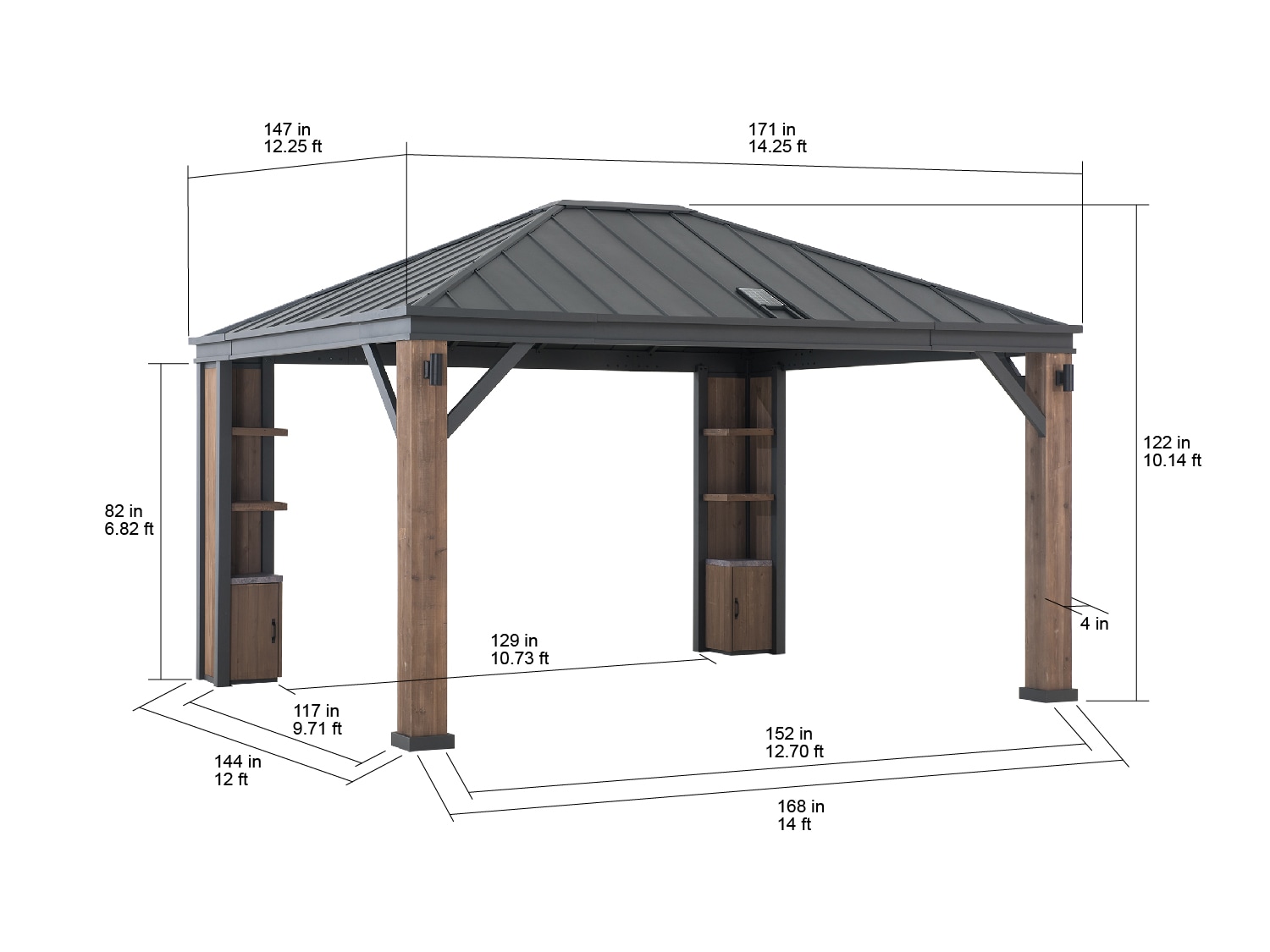 Sunjoy 12 x 14 ft Cedar Wood and Steel Hardtop Gazebo with LED Lighting and Bluetooth Sound
