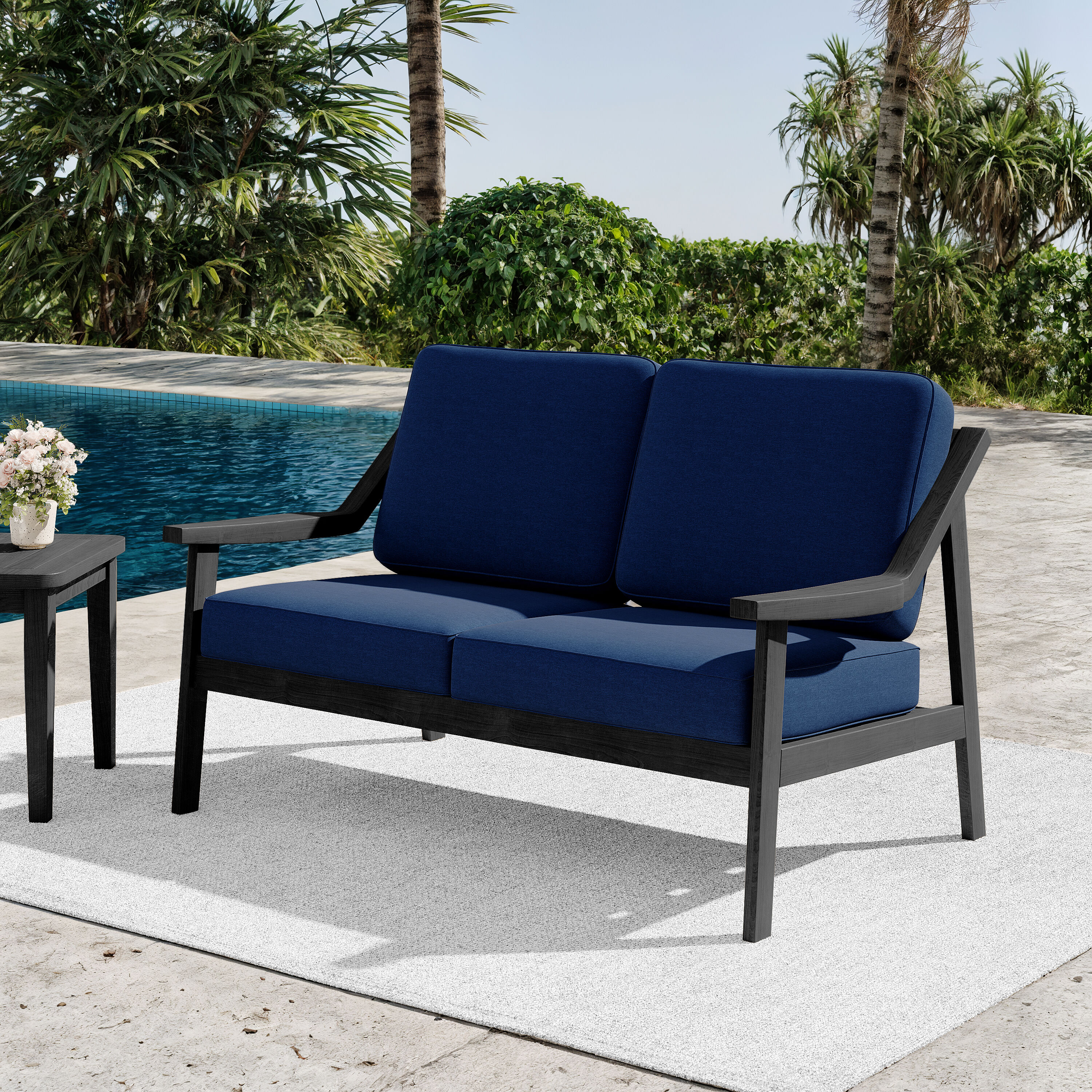 Dreamsidea Outdoor Loveseat Solid Teak Patio Bench with Water-Resistant Cotton Blend Cushions