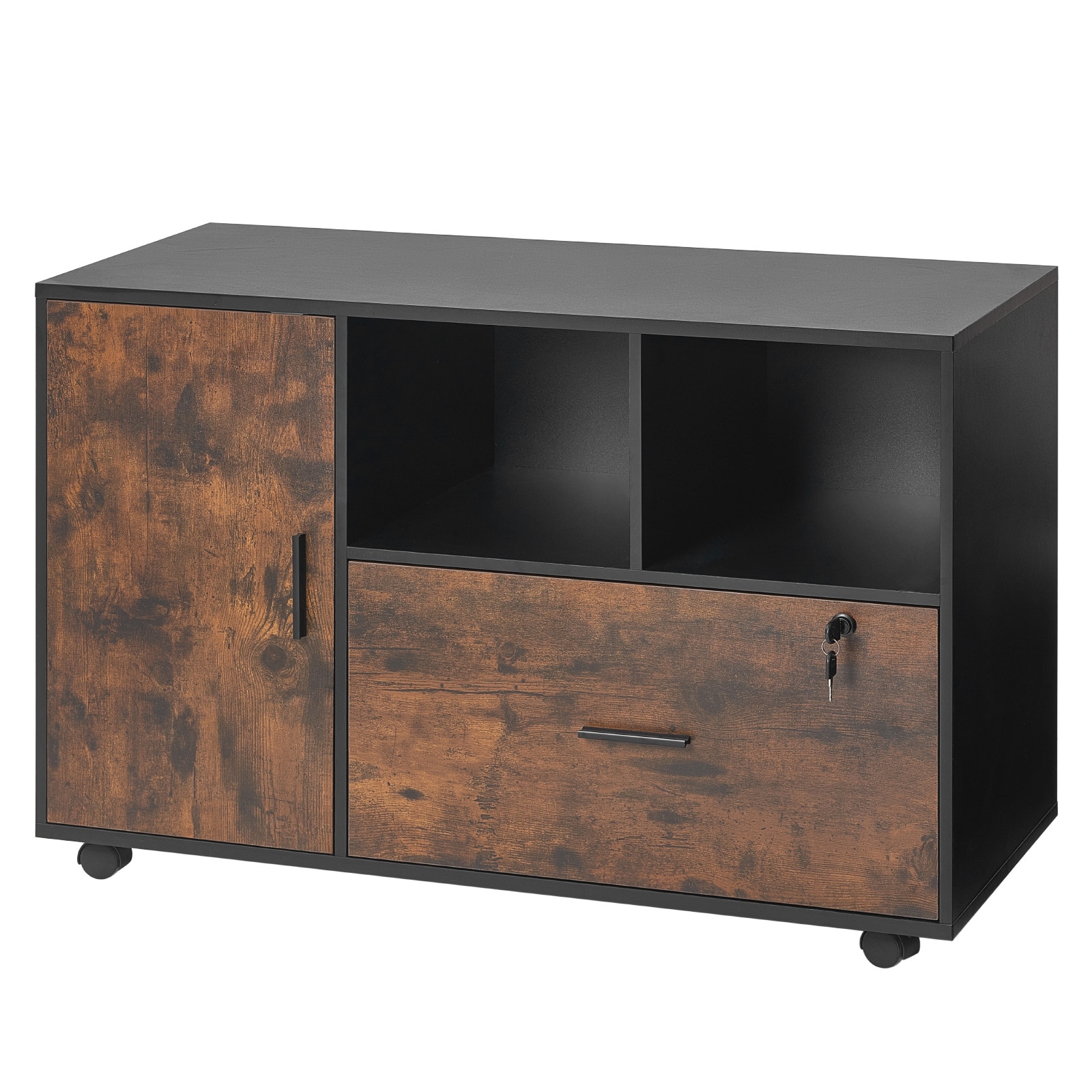 VEVOR Wood File Cabinet Mobile Filing Cabinet with Open Shelves Lockable Lateral Rolling File Storage with Adjustable Shelves Free Standing Printer Stand for Home Office School Rustic Brown