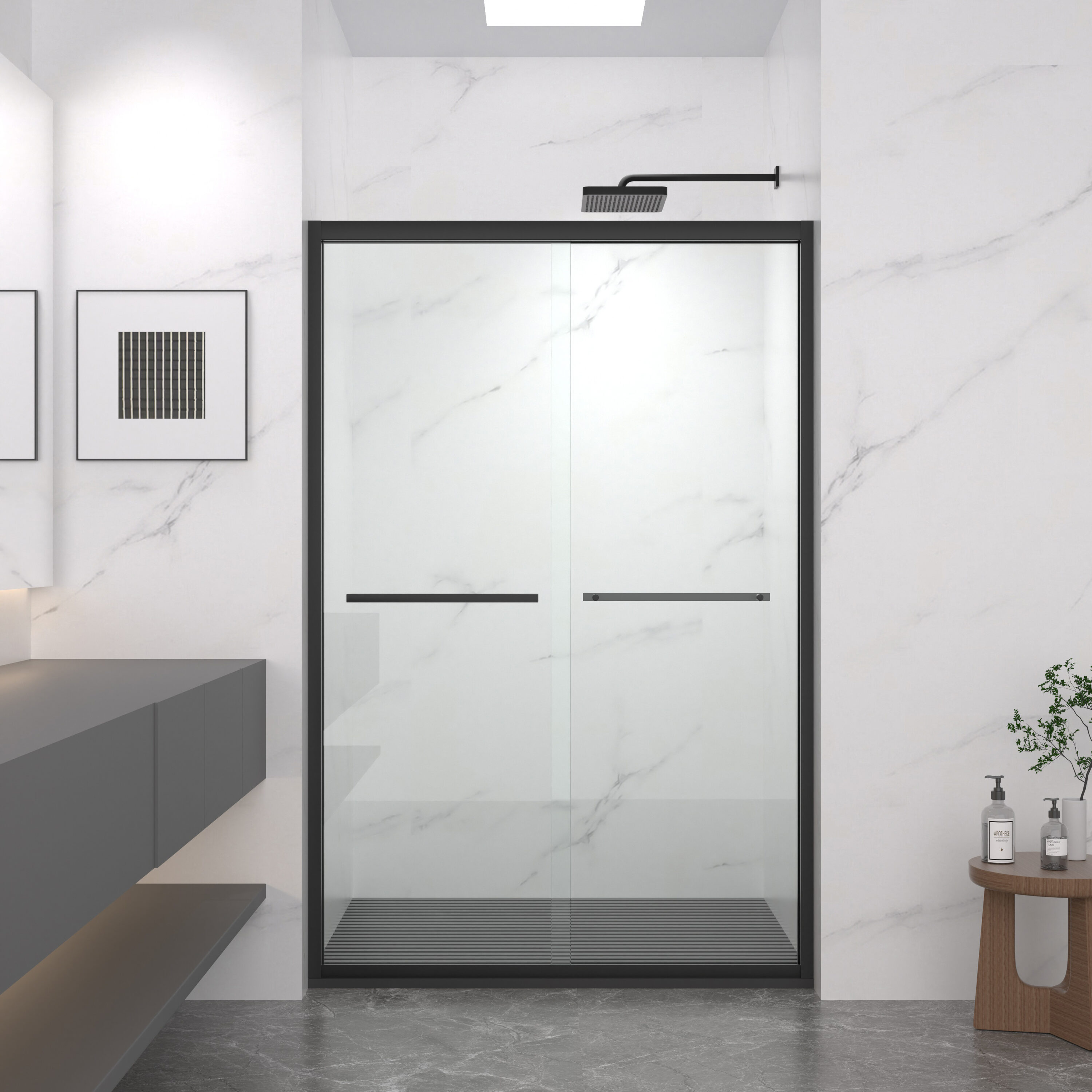 PexFix 44-48-in W x 72-in H  Matte Black Aluminum Frame Double Sliding Shower Door with Premium 8mm Clear Tempered Glass Black Hardware Sliding Glass Shower Enclosure