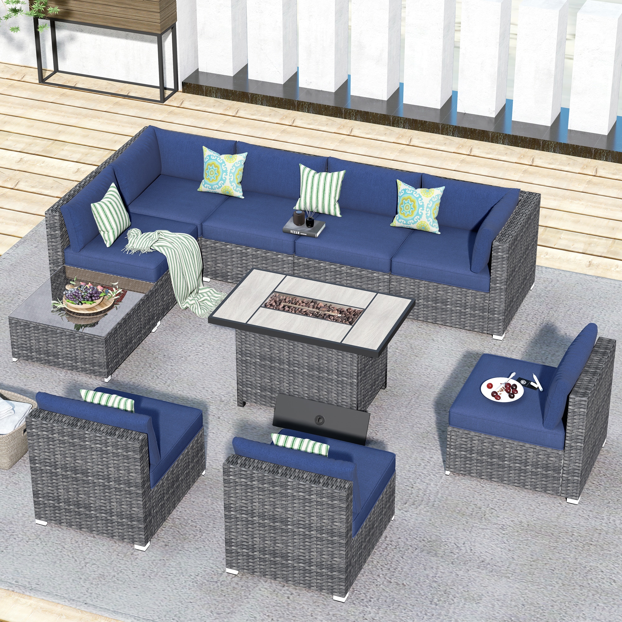 Pouuin 10-Piece Rattan Patio Conversation Set with Blue Cushions at ...