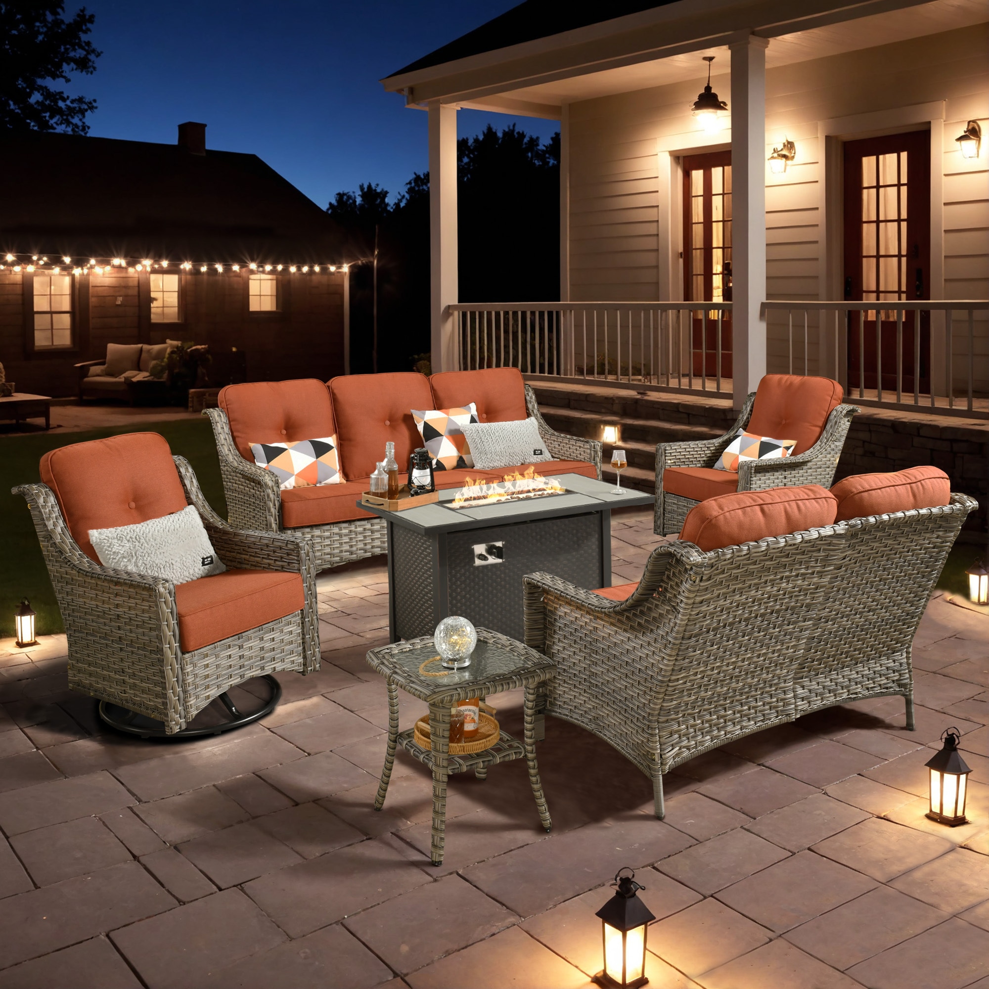 Ovios RFP03PD8C-5Y 6 -Piece Rattan Patio Sofa Conversation Set with Orange Cushions
