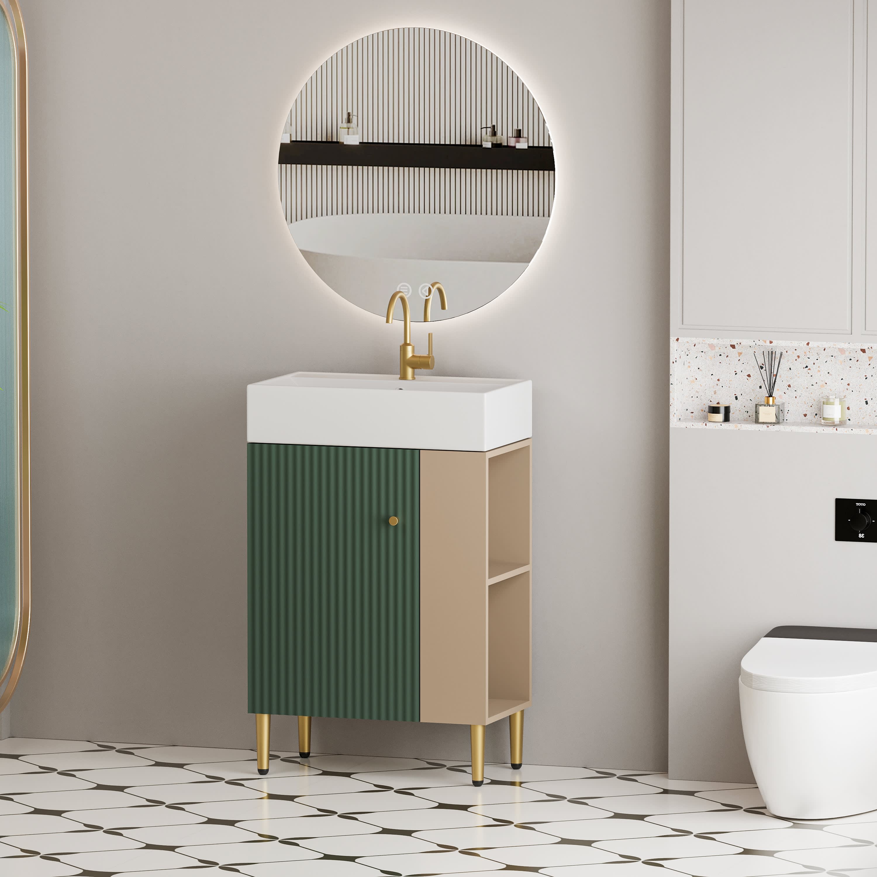 Abruzzo - 21.6 in. W Single Sink Open-shelving Bath Vanity in Green Storage Cabinet on the Right ...
