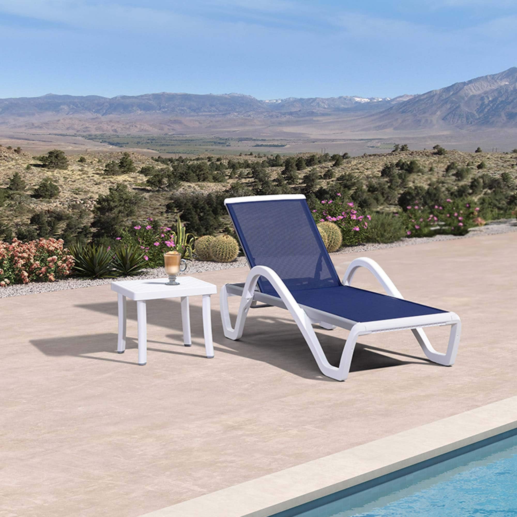 PURPLE LEAF LS04-ARM-AW-BW Outdoor Plastic Textilene Chaise Lounge 1 chair+1 table Aluminum Frame Spring motion Chaise Lounge Chair with Blue Mesh Seat