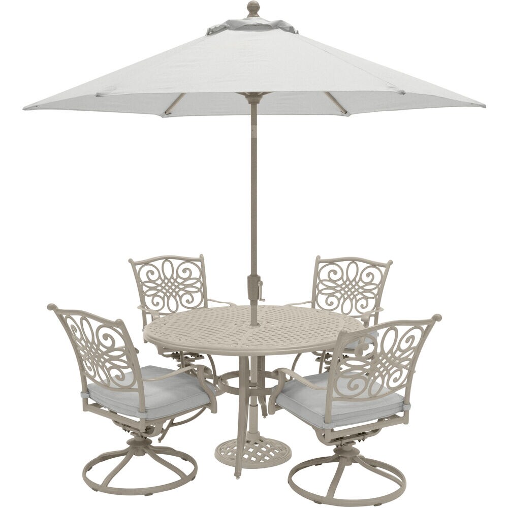 Hanover TRADDNSD5PCSW4-BE-SU Traditions 5-Piece Tan Patio Dining Set Aluminum Round Table with 4 Tan Cushions Swivel Rocker Chairs