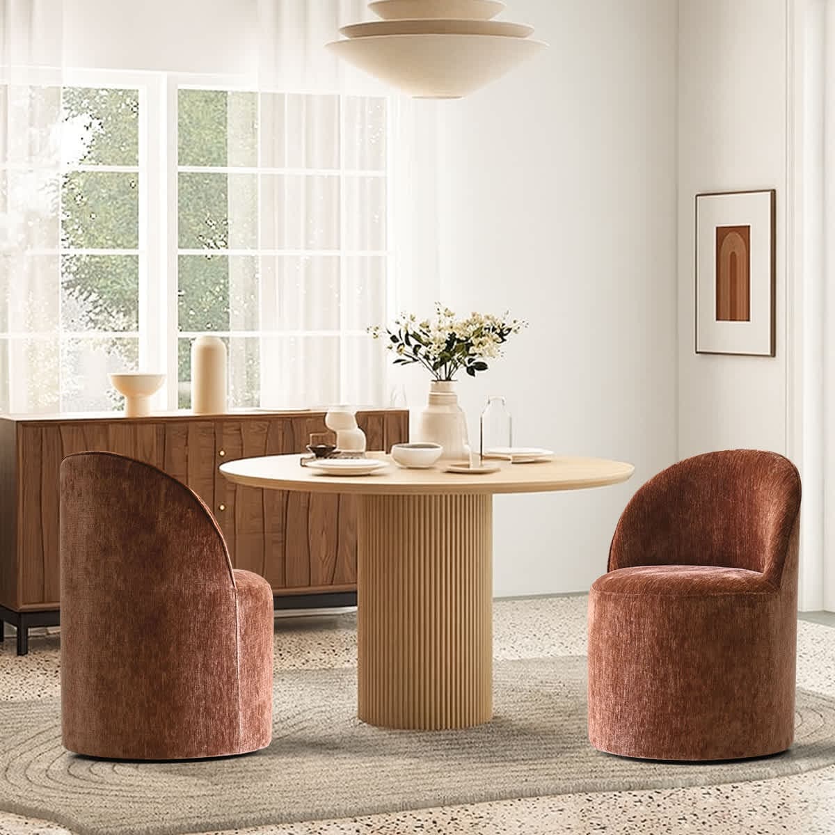 Maison Boucle DORIS-CHAIR-TERRA-2 Set of 2 Modern Terra Armless Barrel Dining Chairs with Upholstered Seat Curved Back and Casters