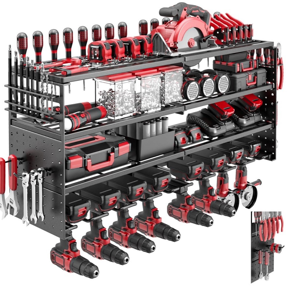 MOEPISY 4 Tier Power Tool Organizer Wall Mount with 8 Cordless Tool Holders Heavy Duty Garage Storage Rack with Pegboard