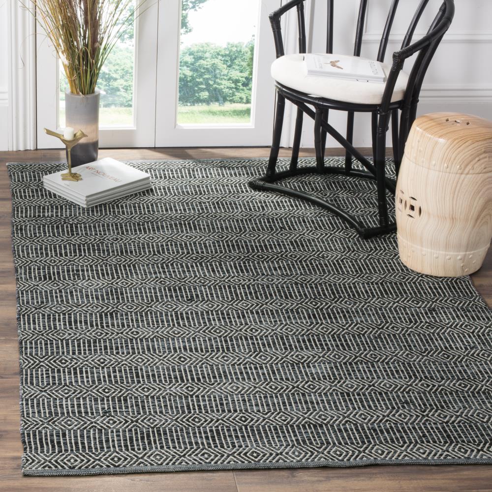 Hand-Woven Ivory and Dark Grey Geometric Cotton Area Rug, 8' x 10'