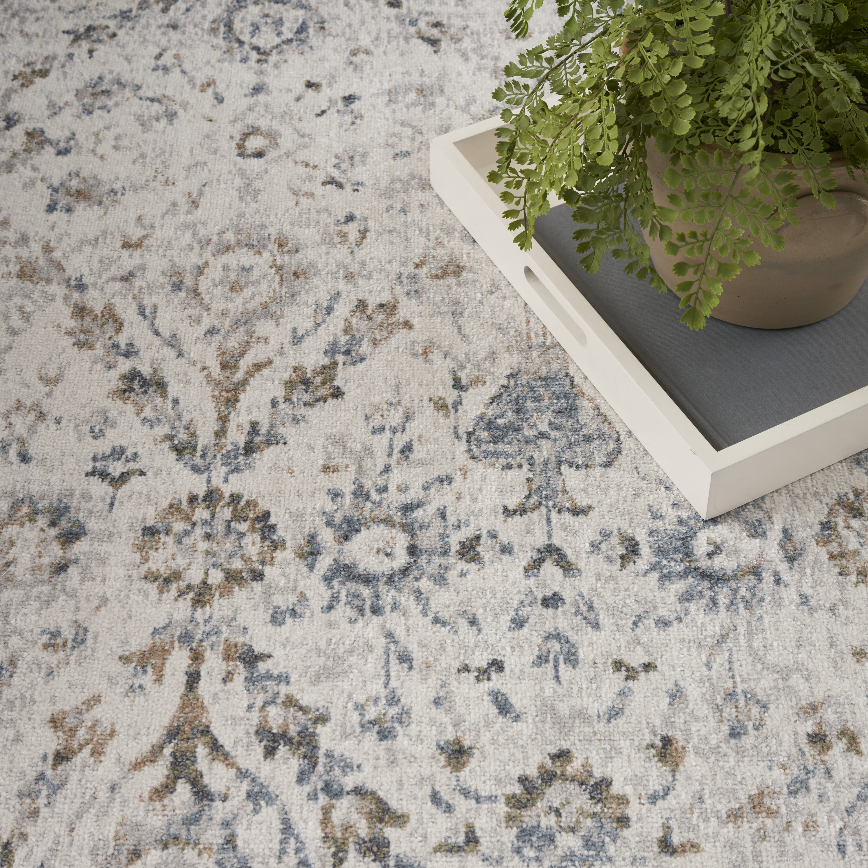Ivory Blue Floral Synthetic 8' x 10' Washable Rug