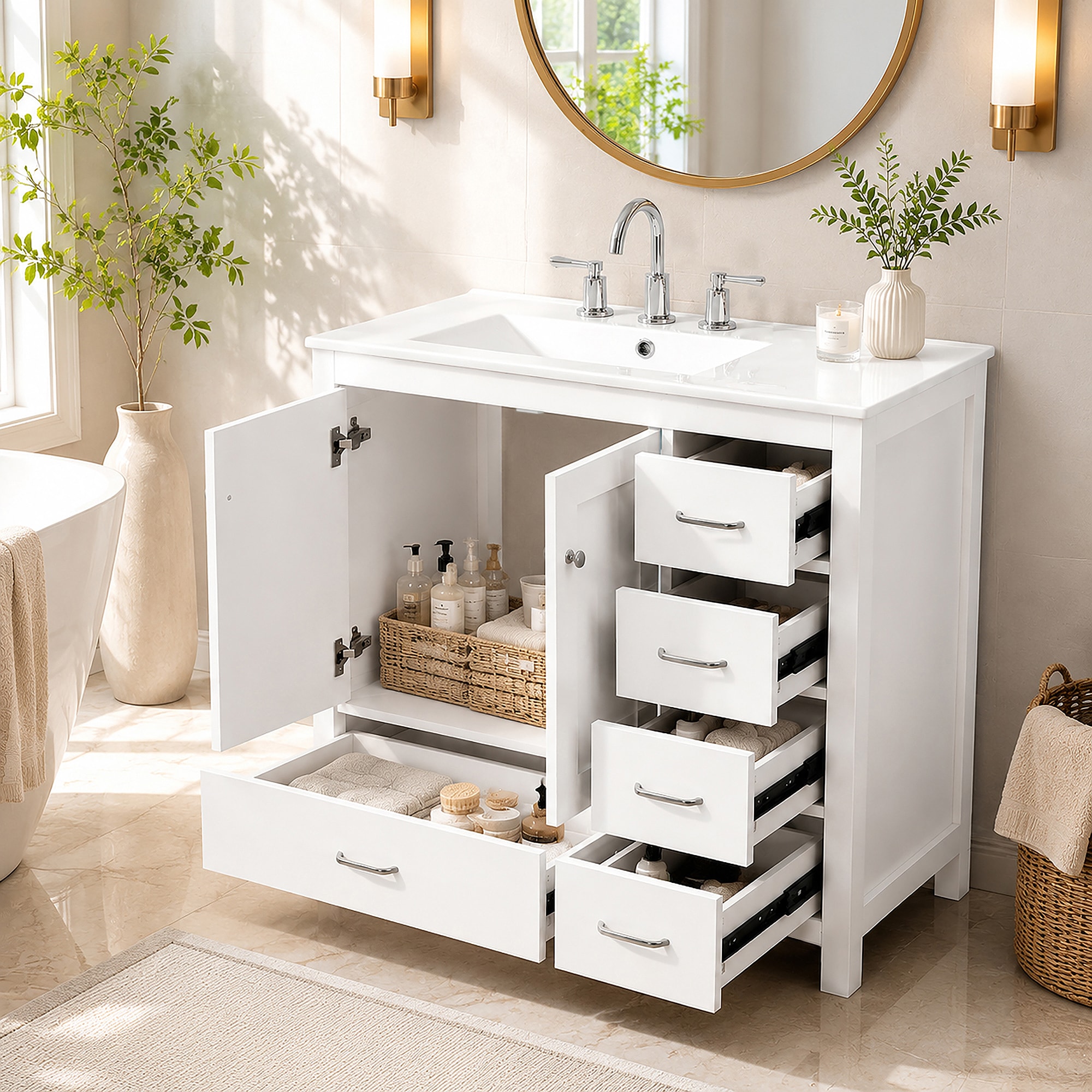 Homy Casa 36-in W Pearl White Freestanding Bathroom Vanity with Left Offset Ceramic Sink 5 Drawers 2 Soft Close Doors (Assembly Required)