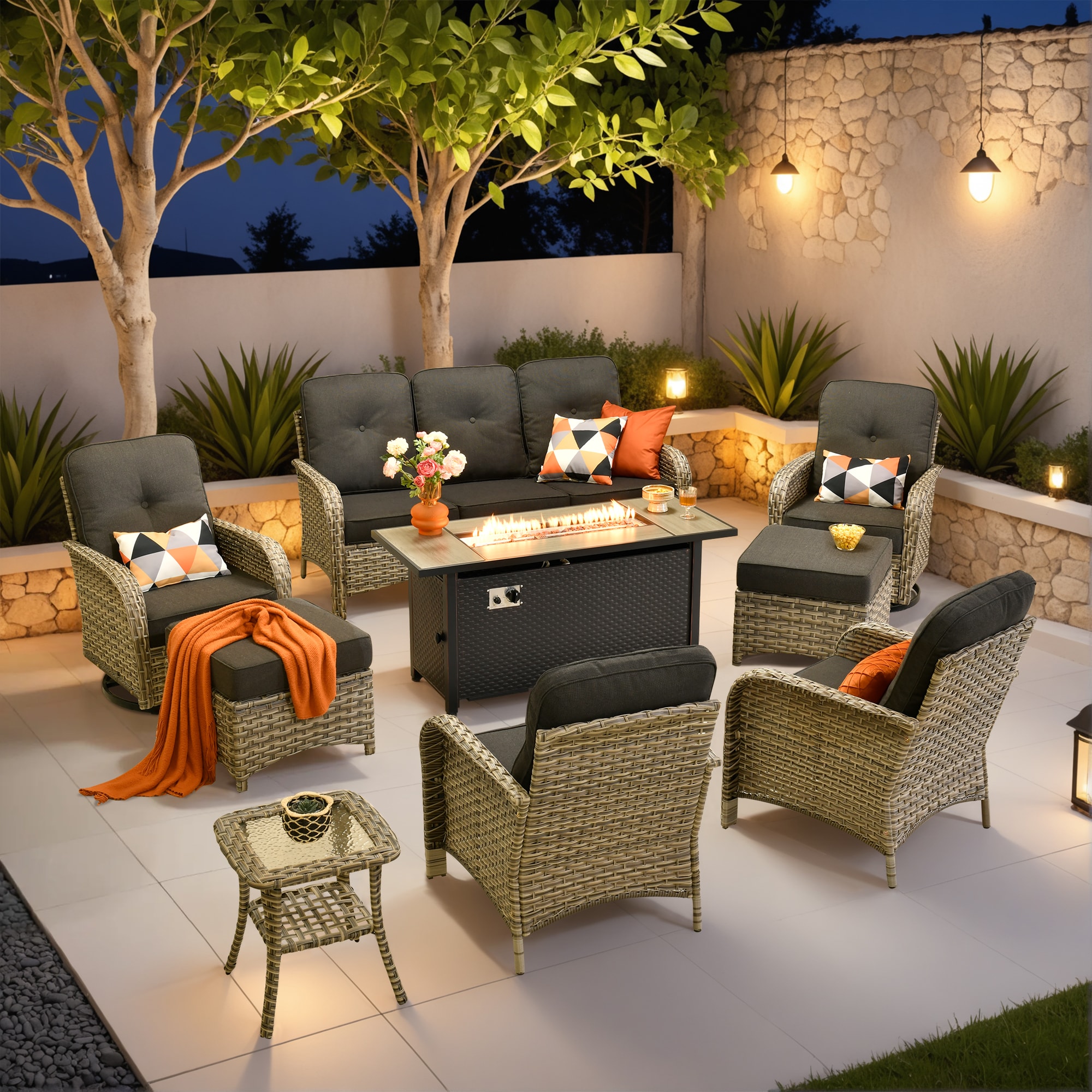 Ovios RFP5VNC108Y 9 -Piece Rattan Patio Sofa Conversation Set with Black Cushions