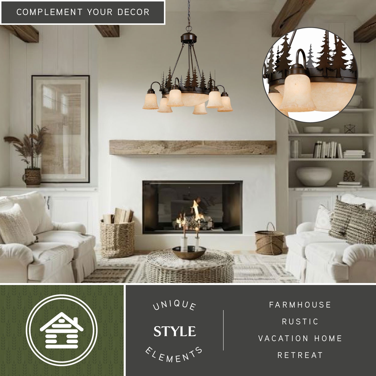 Yosemite Rustic Bronze Tree Silhouette Chandelier with Amber Flake Glass