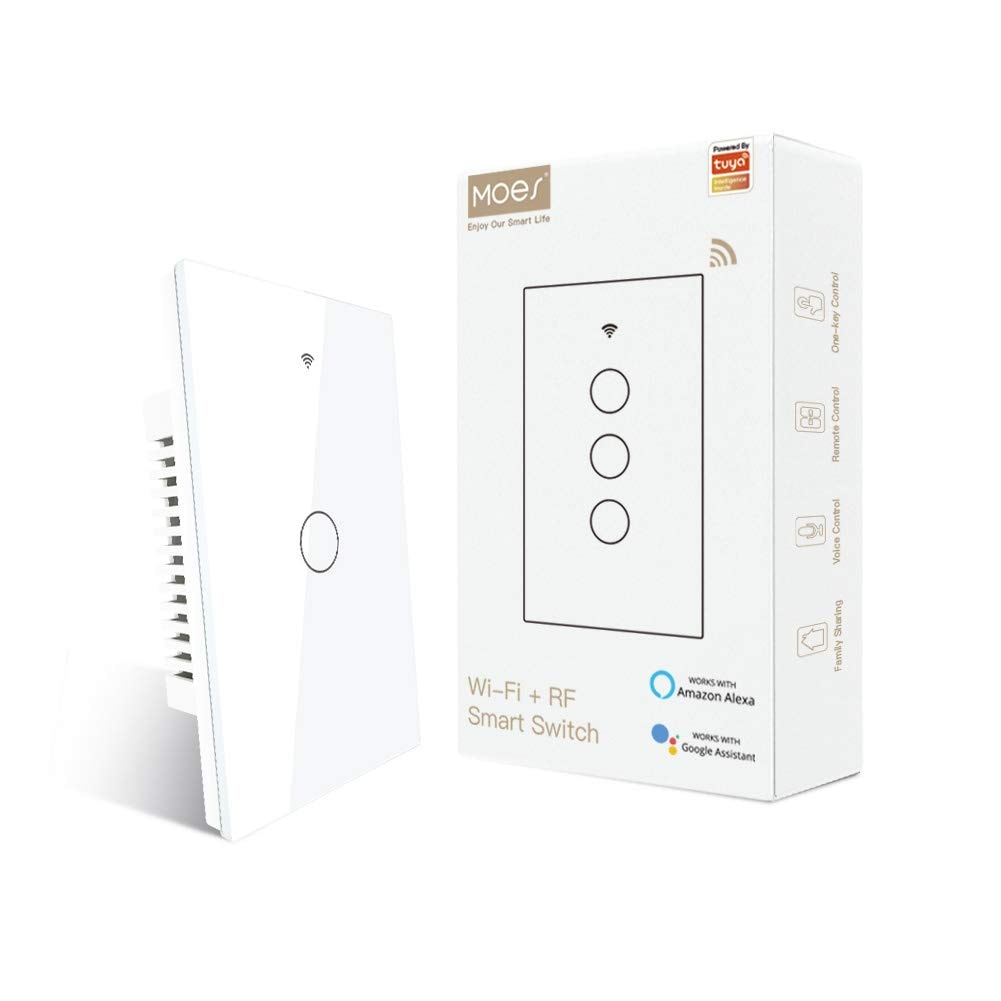 MOES  WiFi Wall Touch Smart Switch Neutral Wire Required 3 Way Multi Control Glass Panel Light Switch Work with Smart Life Tuya App RF433 Remote Control Alexa and Google Home White 1 Gang