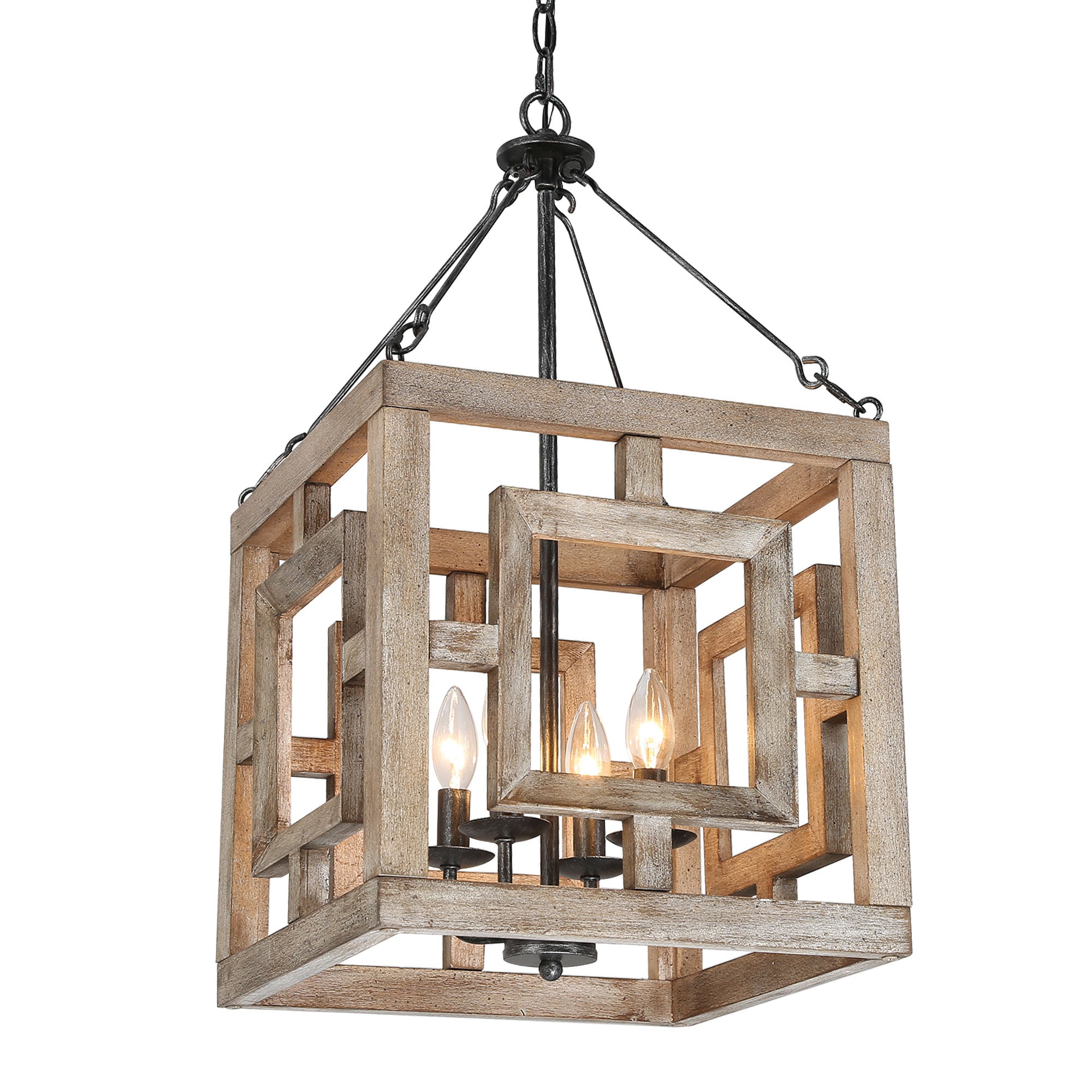 LNC Quaint 4-Light Grayish White Wood and Brushed Black Farmhouse ...