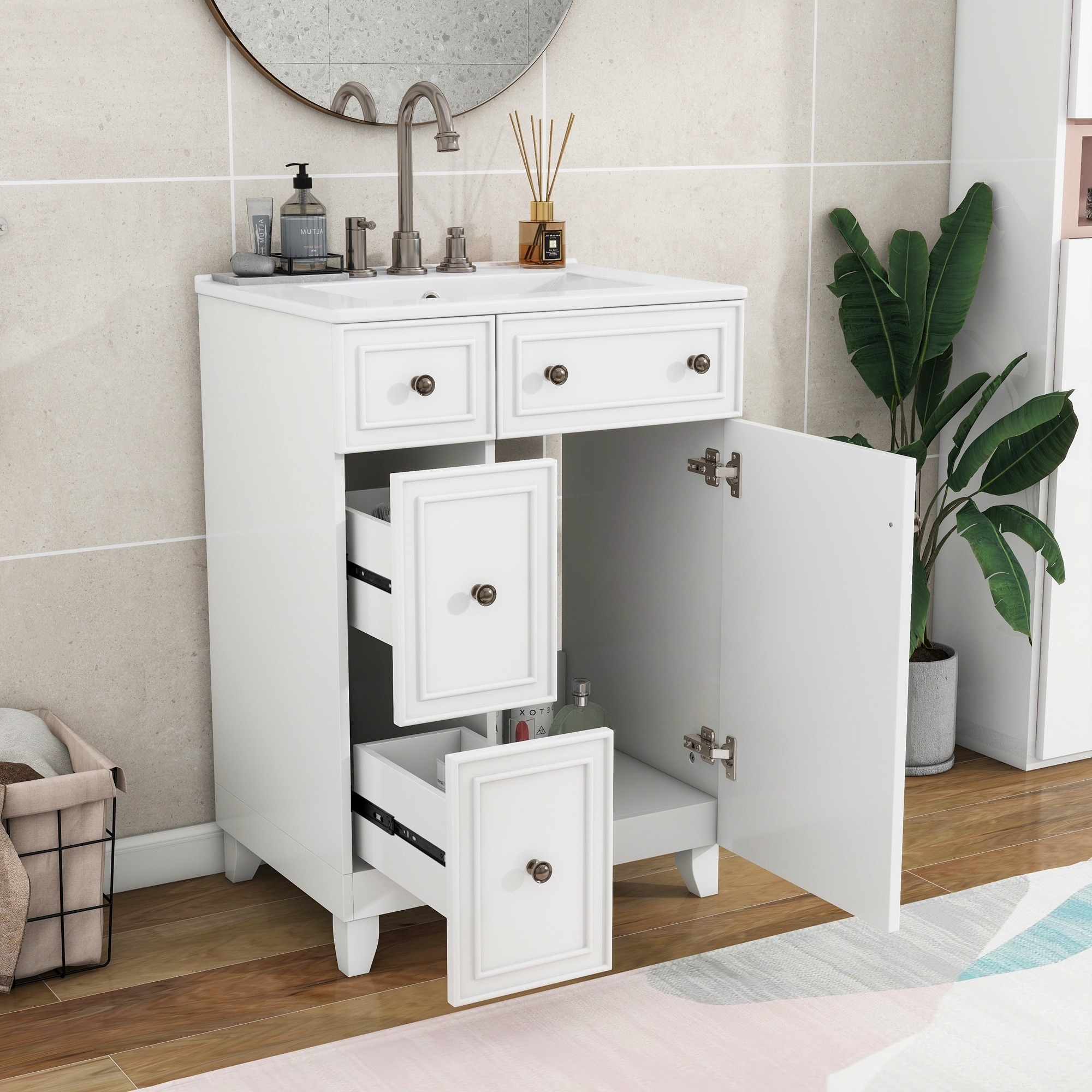 IAK - 24 inch White Solid Wood and MDF Bathroom Vanity Cabinet with Ceramic Sink and 2 Drawers 1 ...