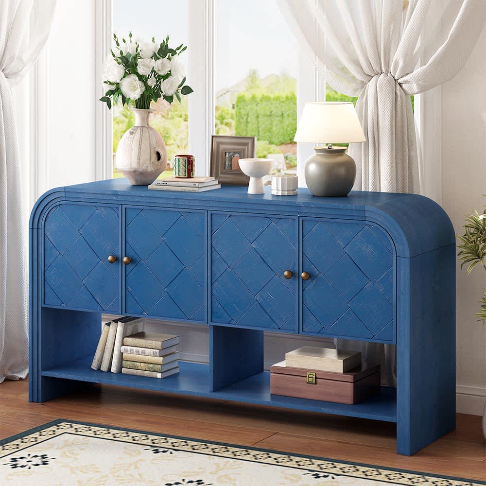 JUJABU DINCABINET-23 Navy Blue  Versatile console table with Woven Wood Slats and Solid Wood Veneer Suitable for Entryway