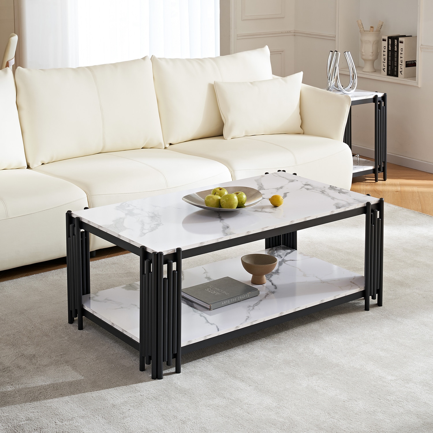 GZMR GZ-W17643 2-Tier Faux Marbling Coffee Table White MDF Modern Coffee Table