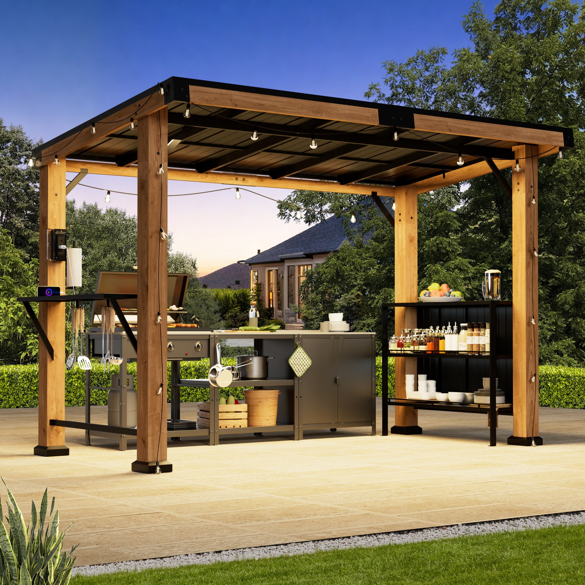 ELEVATE OUTDOORS IG10600150 12-ft x 6-ft Brown Rectangle Semi-permanent Grill Gazebo with Hardtop Steel Roof