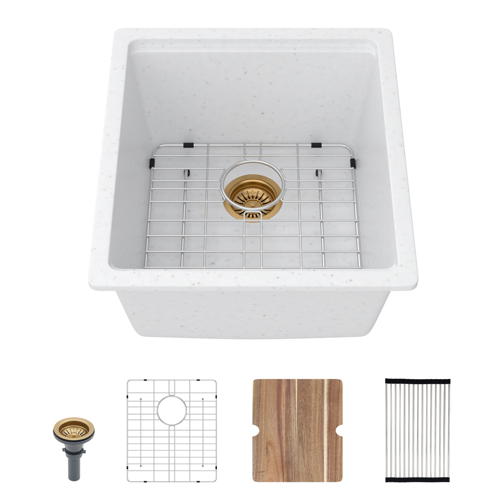 KICHAE 17-in L x 19-in W Quartz Undermount Commercial/Residential Workstation Kitchen Bar Prep Sink in White with Accessories