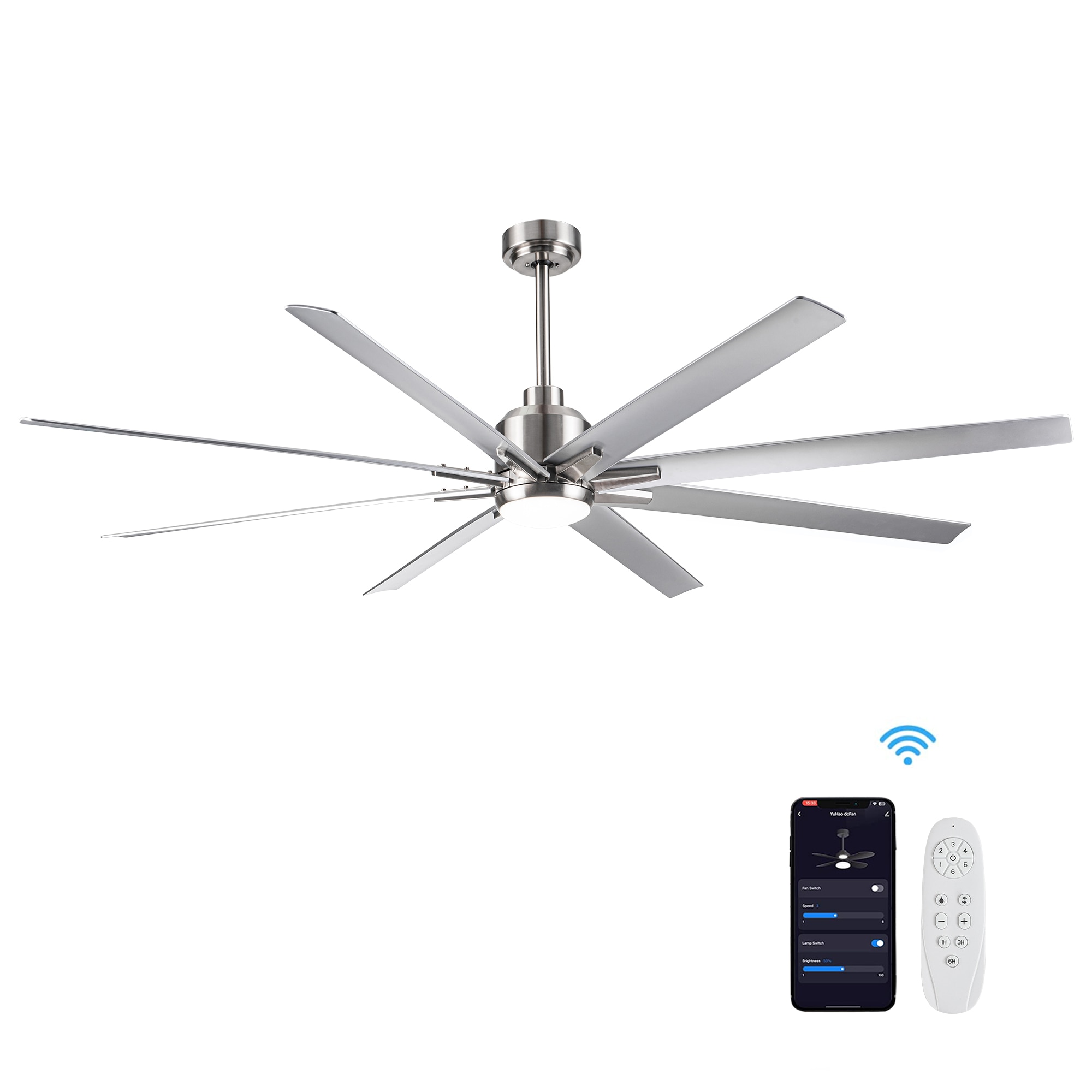 WELLFOR KBSE-6005-1 72-in Color-Changing Integrated LED Smart Silver with Silver Blades Ceiling Fan With Light - Remote Included ( 8 -Blade )